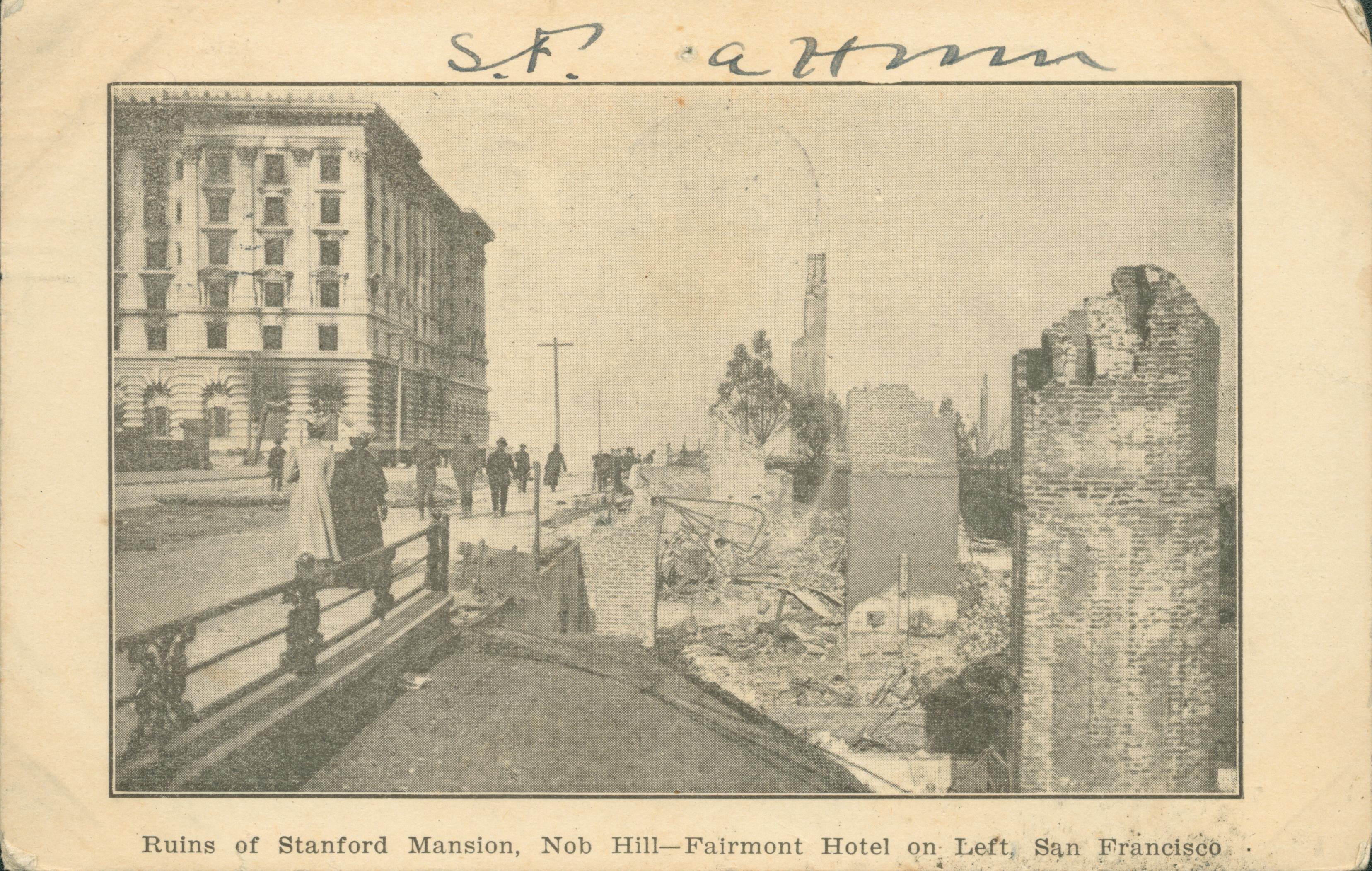 Photo of the ruins of the Stanford Mansion with the seemingly undamaged Fairmont Hotel to the left.