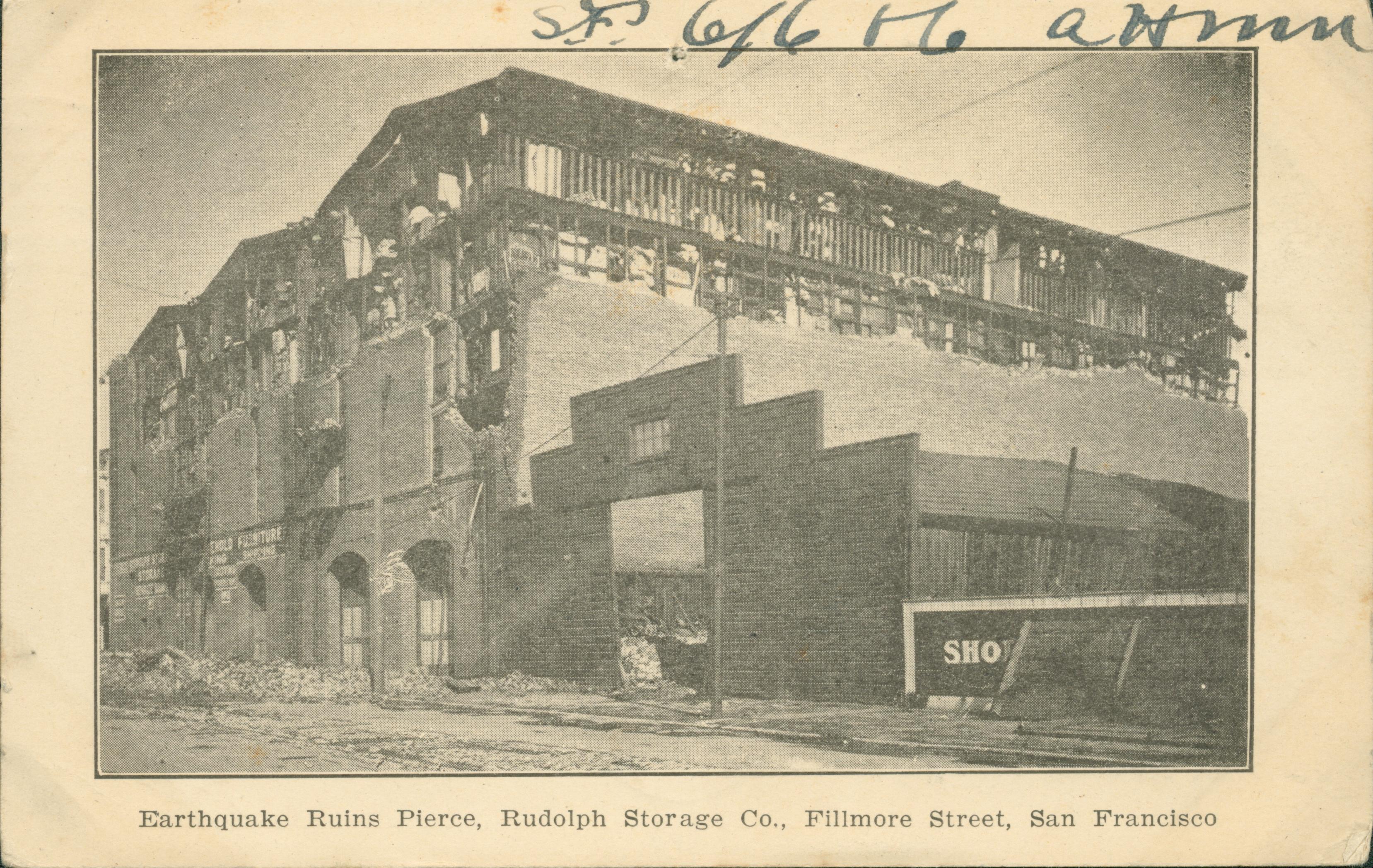 Photo showing the destruction to the Pierce, Rudolph Storage Company warehouse.
