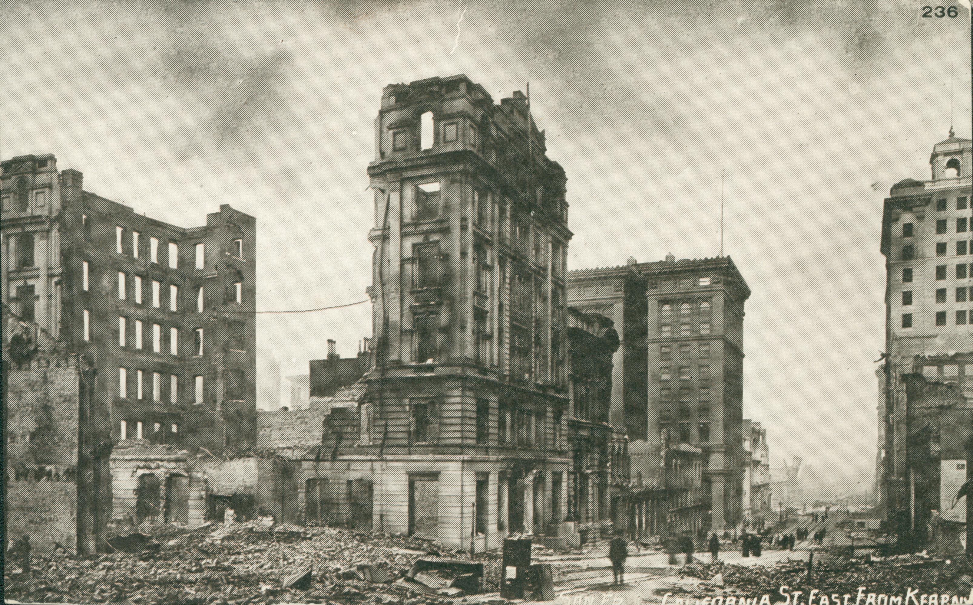 Photo showing the destruction of buildings along California Street.