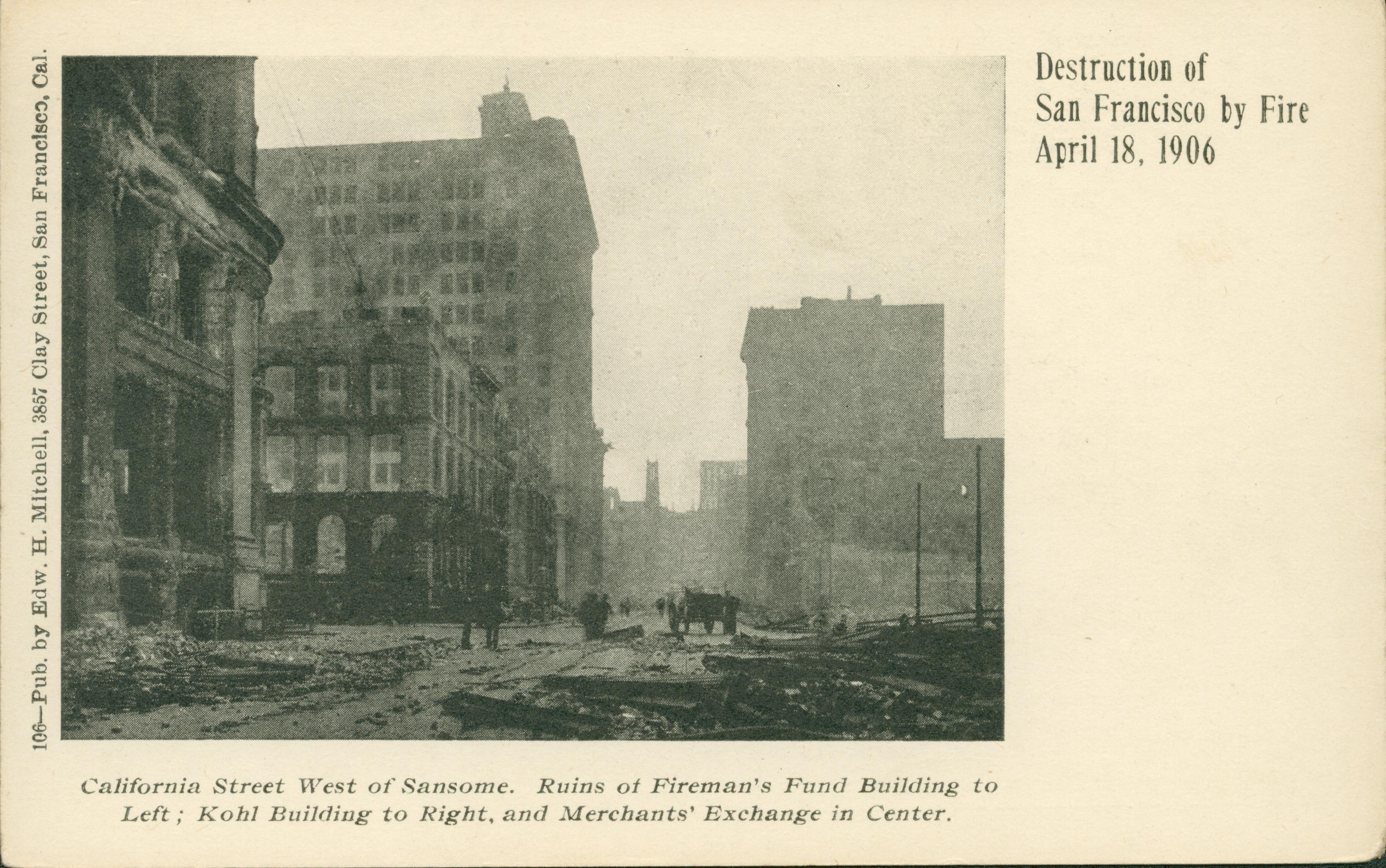 Photo showing the destruction to several prominent buildings along California Street.