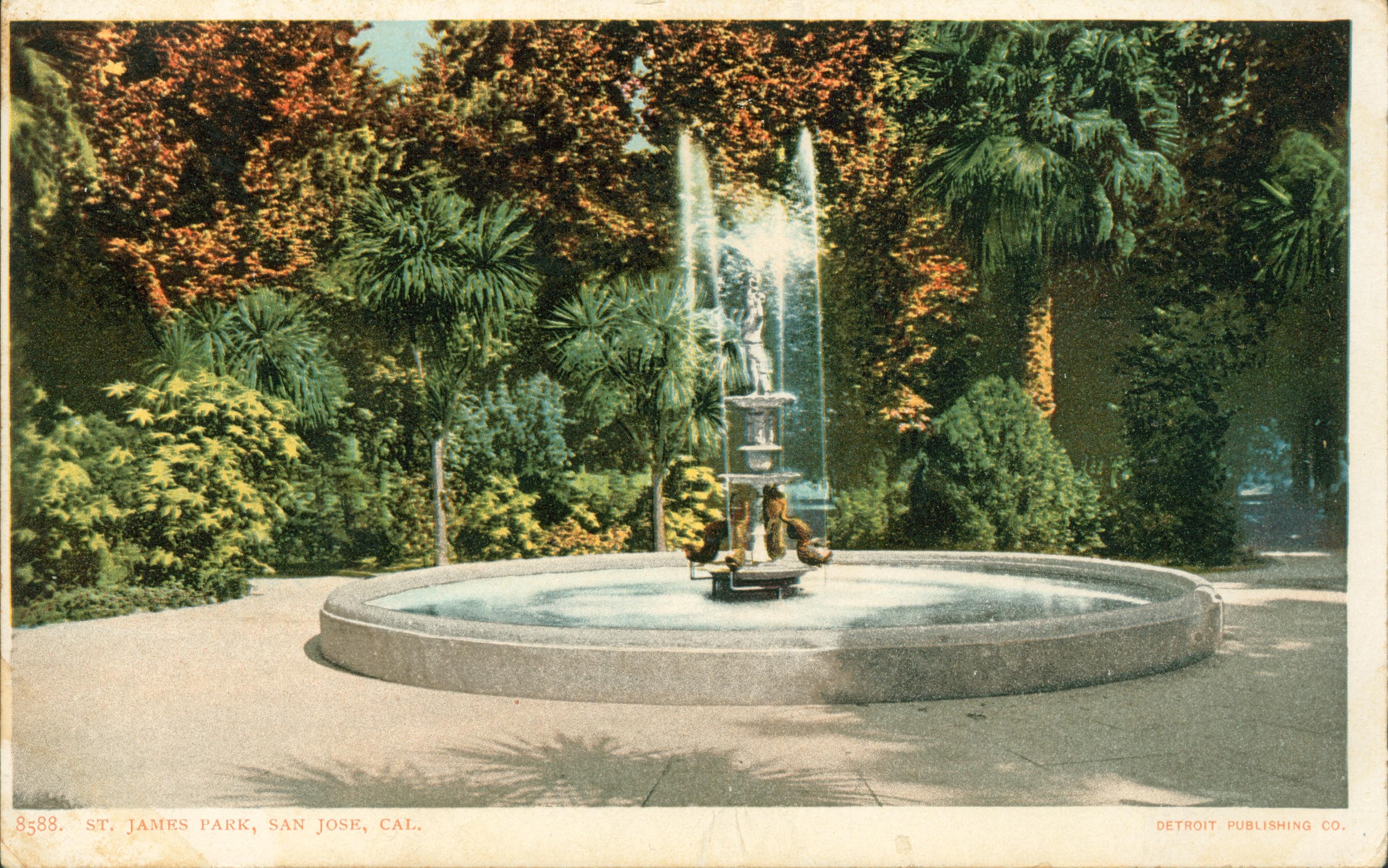 Fountain and gardens of St. James Park, San Jose, Ca