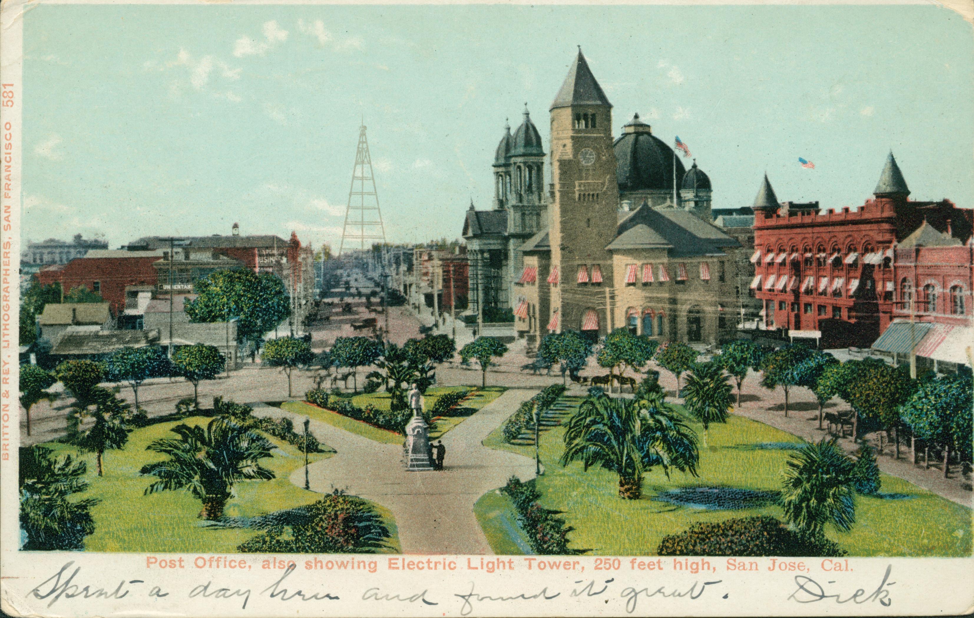 View of post office, electric tower, buildings, parks, electric light tower