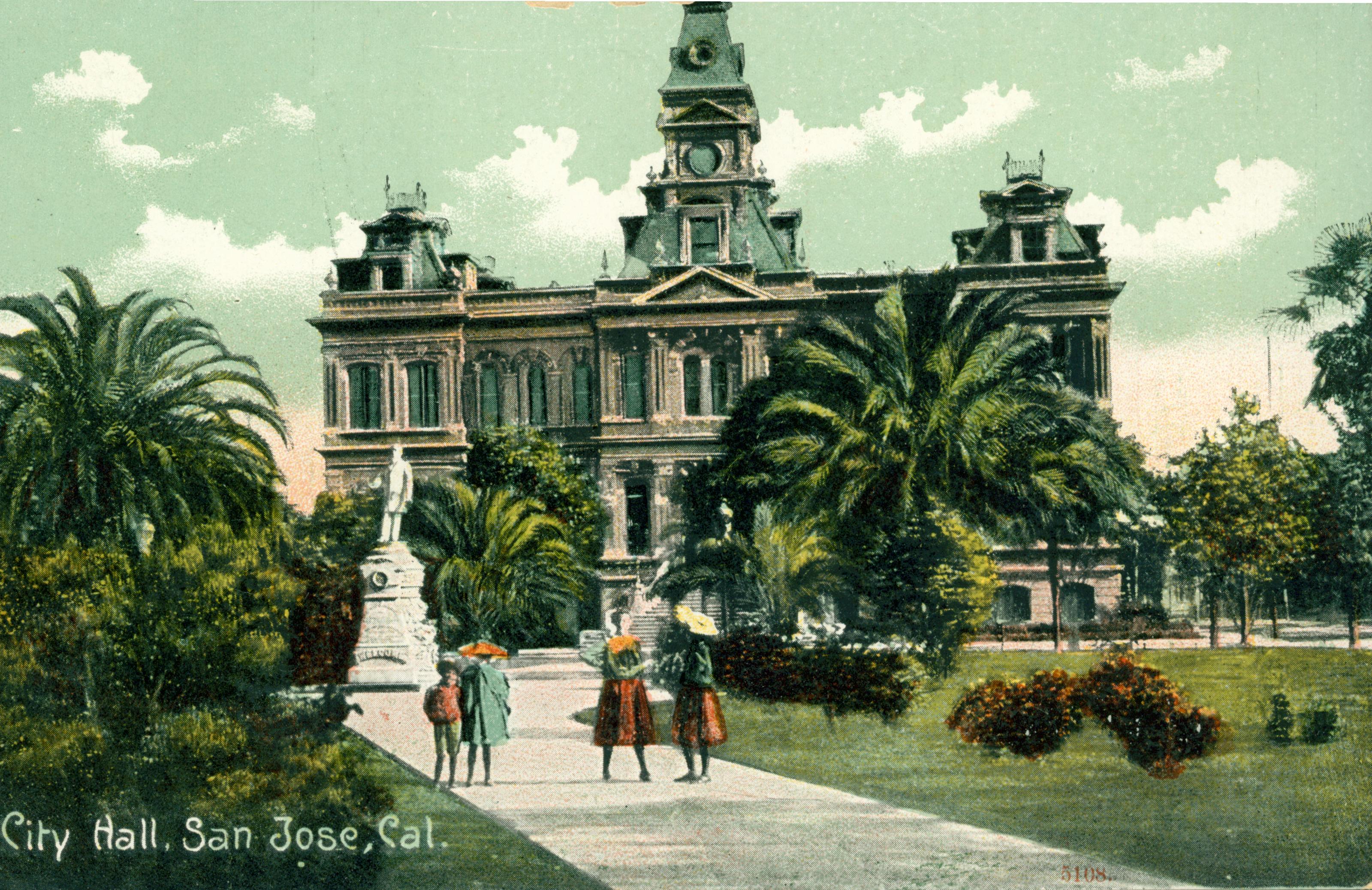 Exterior view of City Hall, surrounding gardens and trees