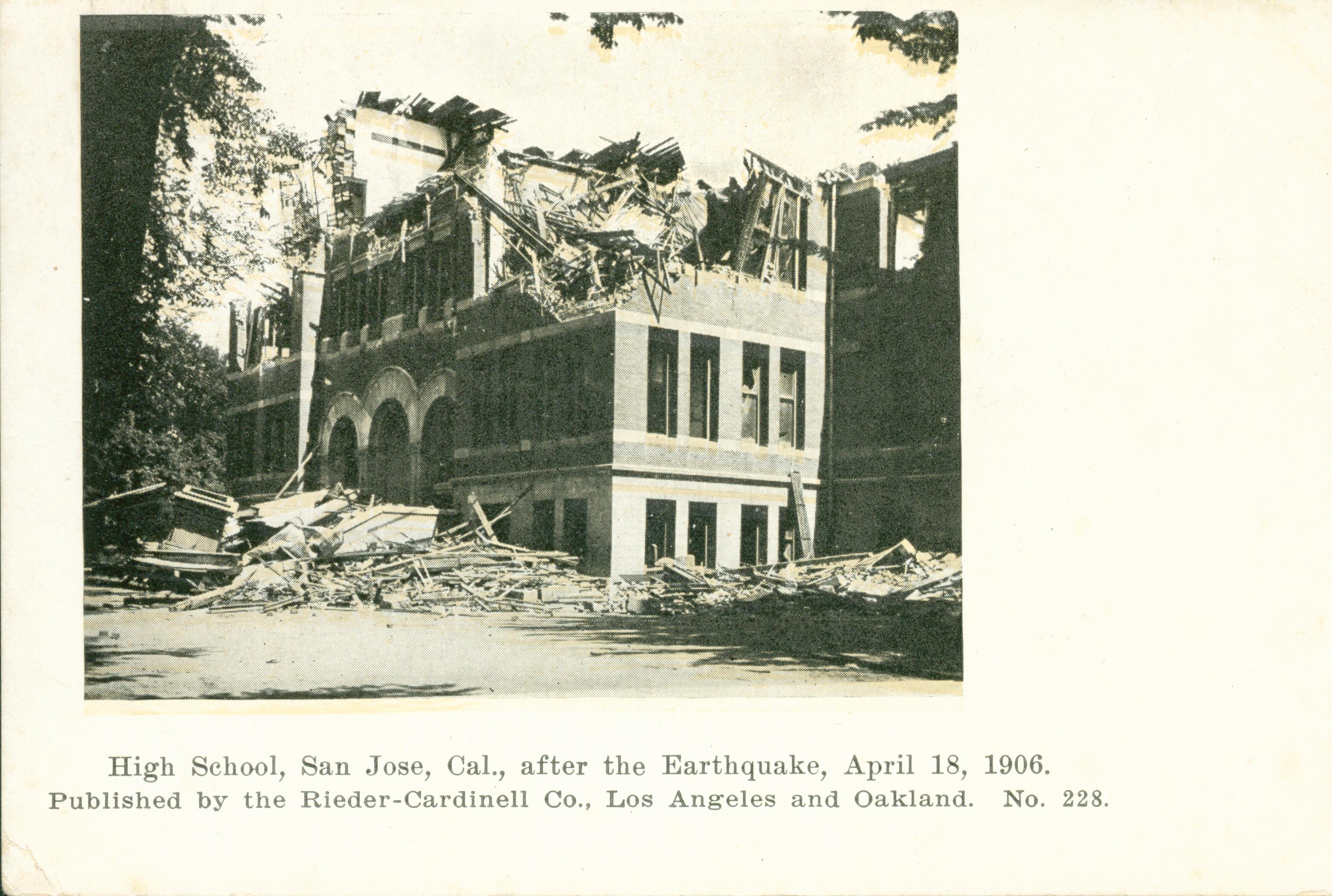 Exterior view of high school after the destructive April 18, 1906 earthquake