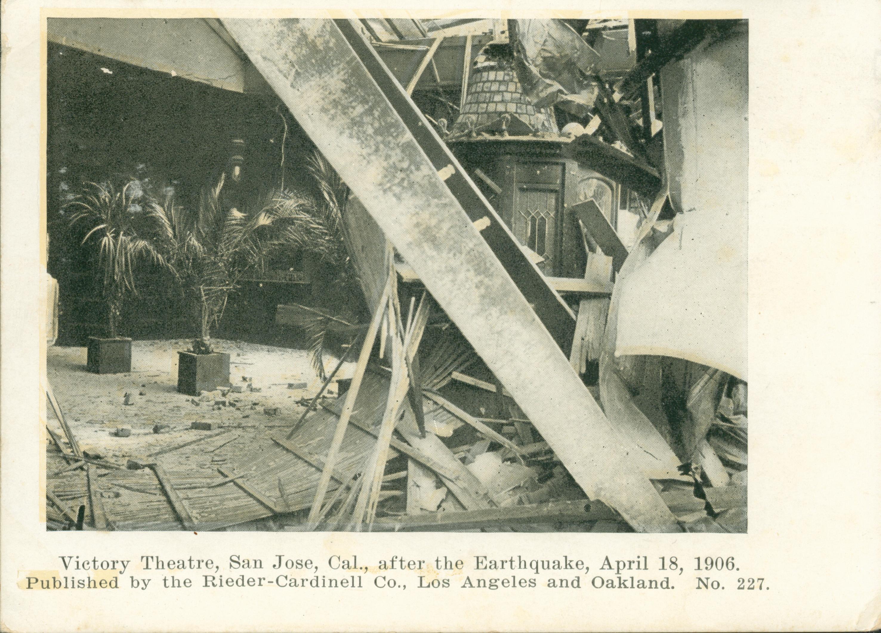 Interior view of Victory Theatre in San Jose showing the damage done by the 1906 earthquake