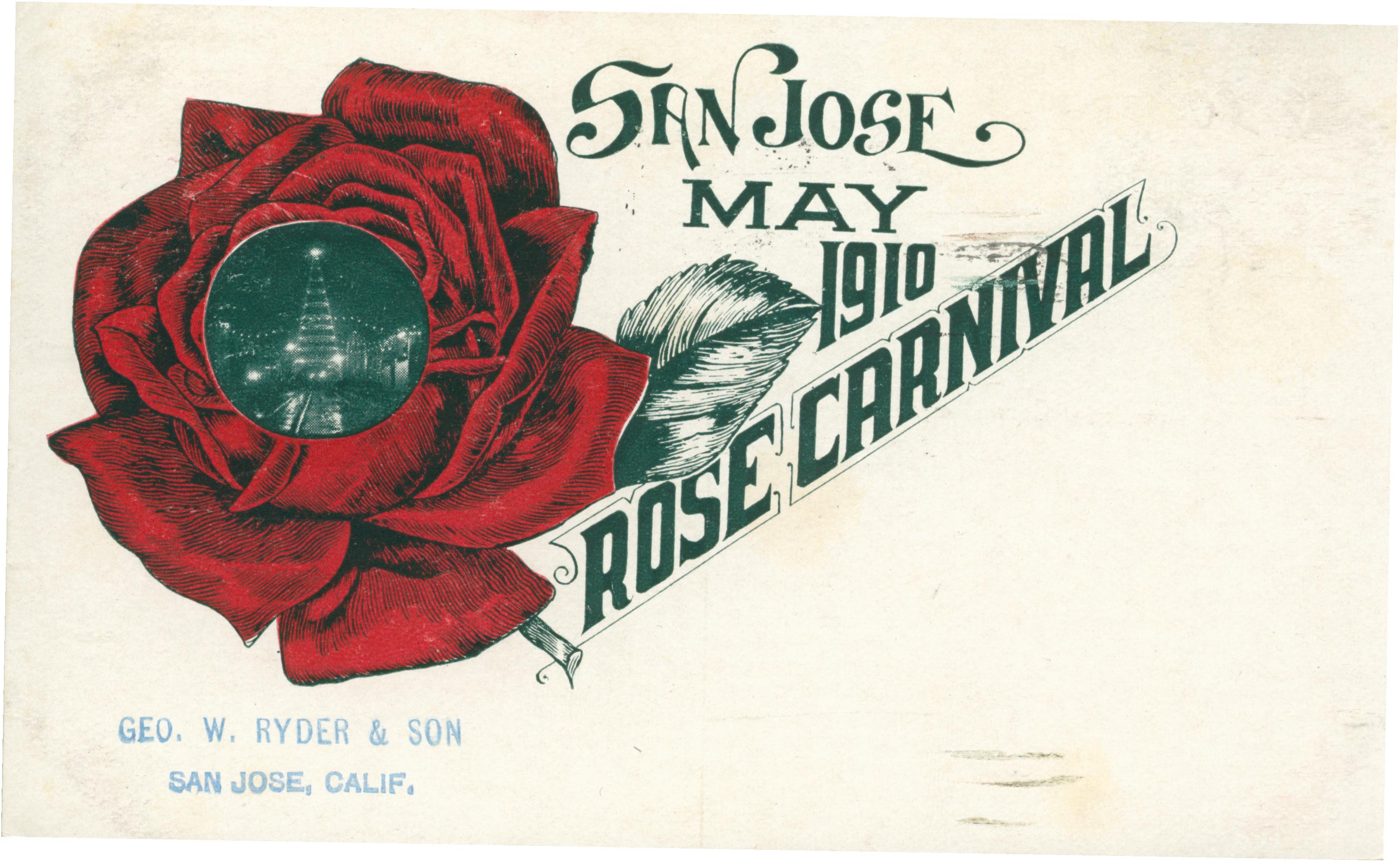 Red rose with a  picture of the electric tower in the center of the flower, text stating carnival information