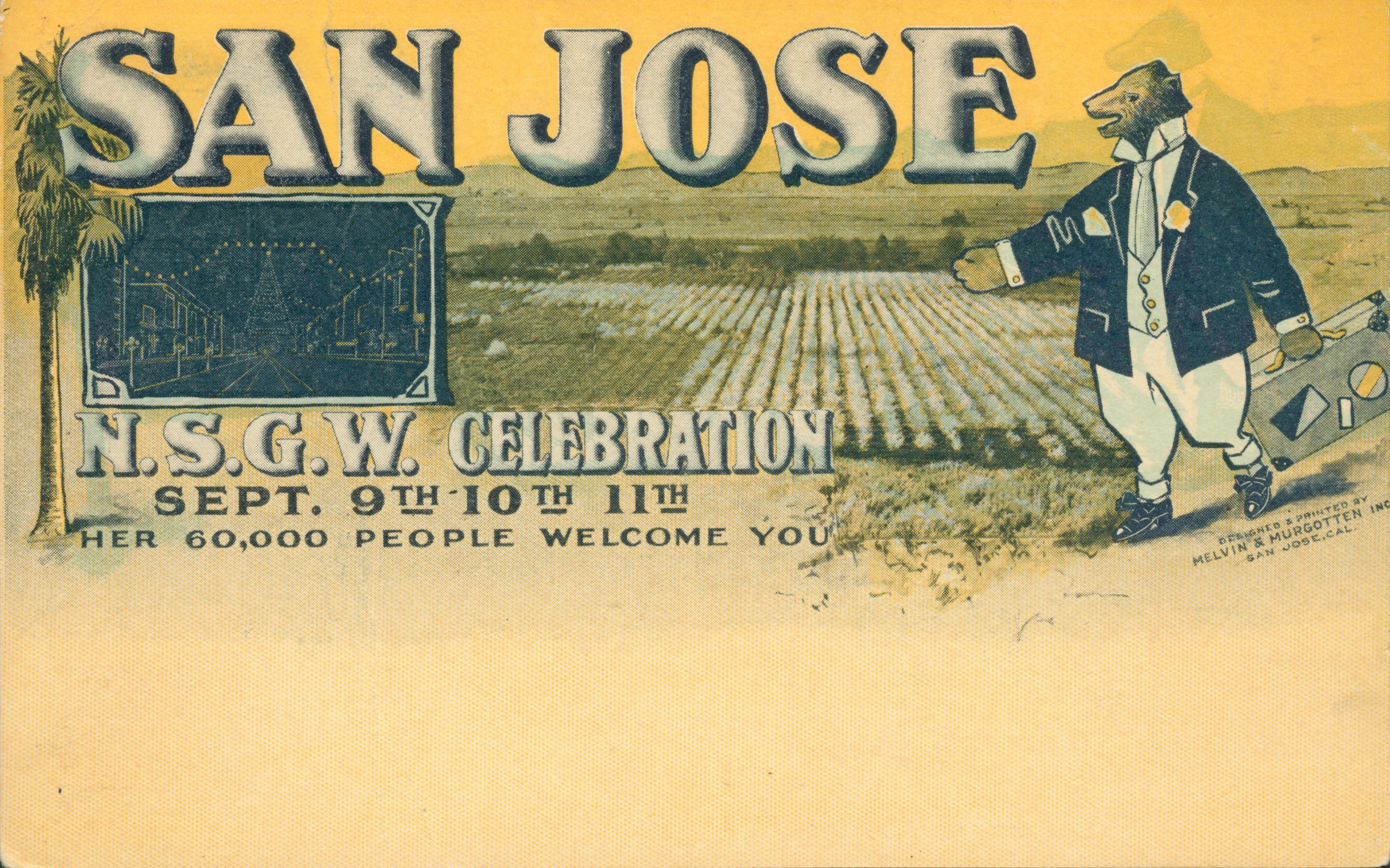 Artist's color rendition  of the San Jose N.S.G.W. Celebration includes a palm tree and bear dressed in formal suit carrying a suitcase.  Inset photo of city street with Electric Light Tower