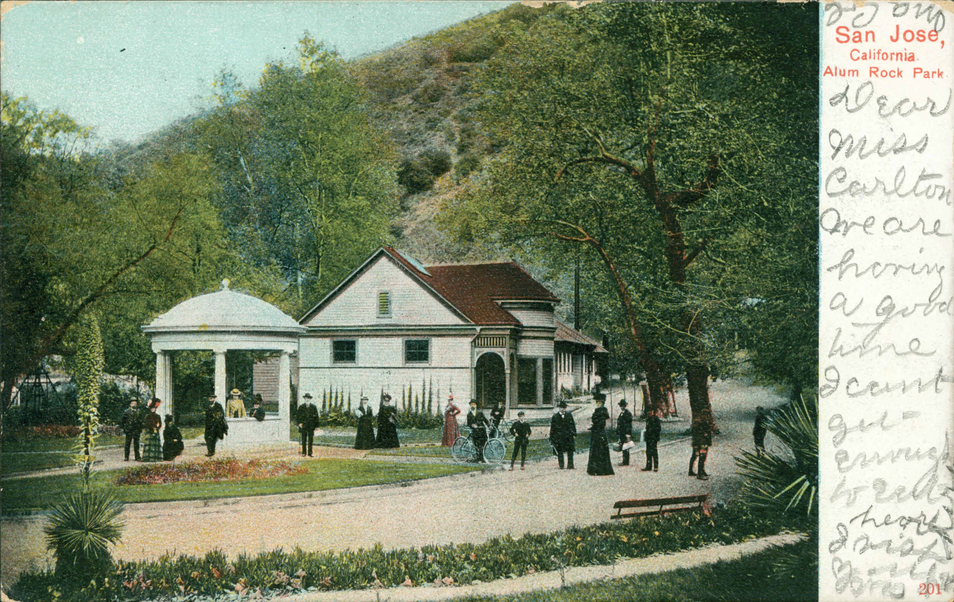 Color park scene of Alum Rock Park in San Jose, CA., gazebo and building, hills in background