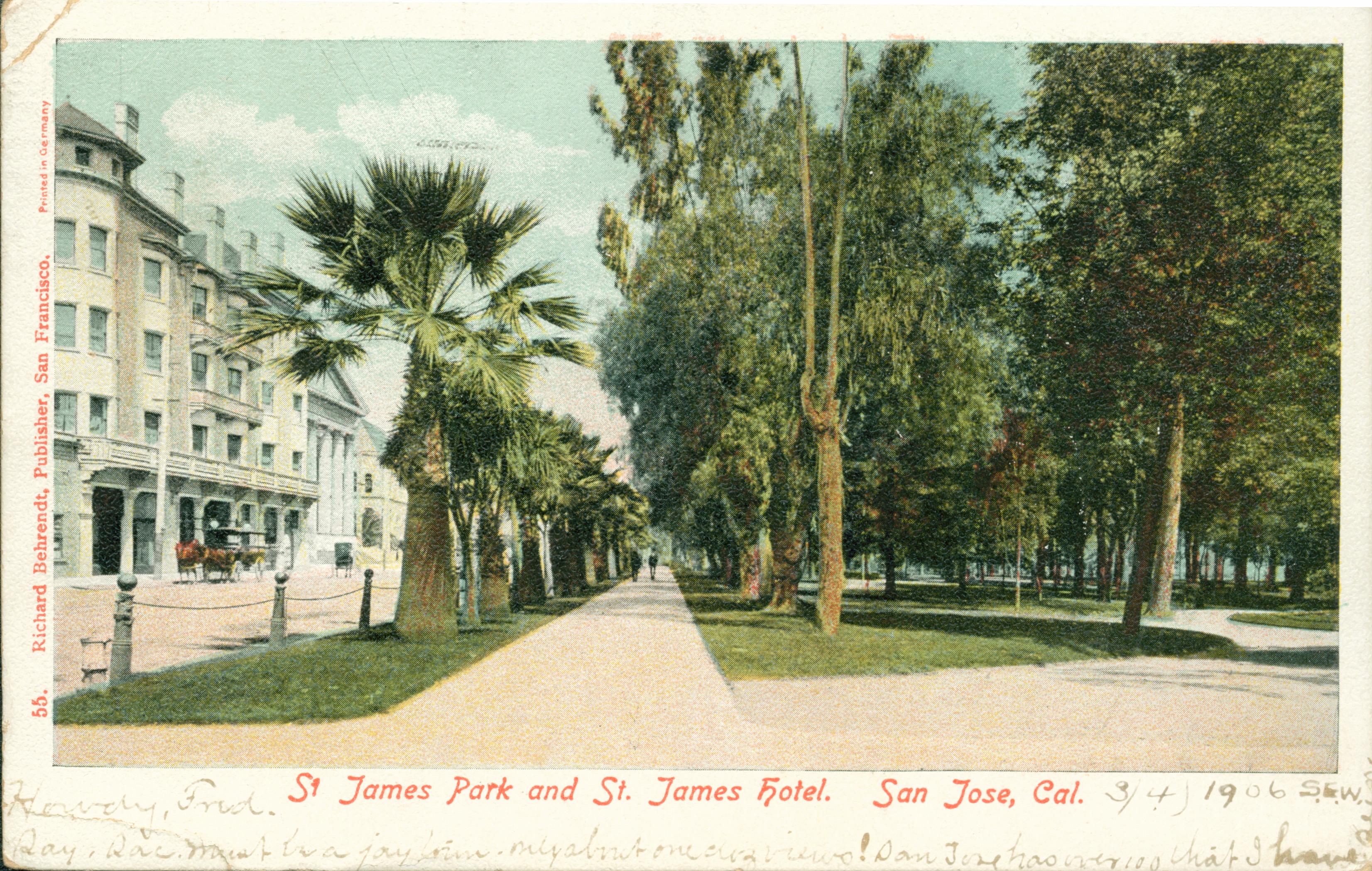 Color park scene of St. James Hotel and Park in San Jose, CA., man walking down the sidewalk
