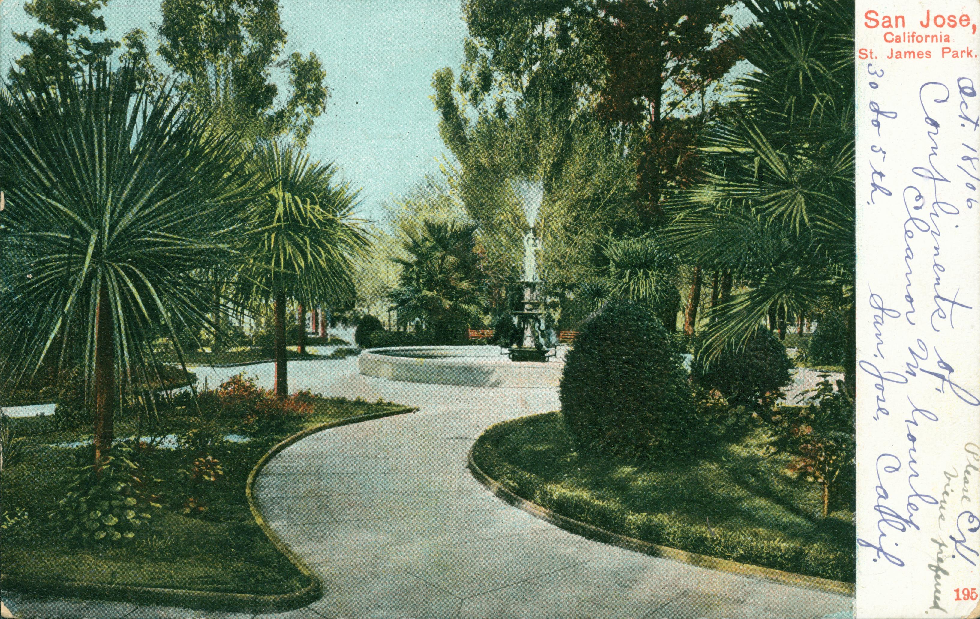 Color scene of fountain, paths, garden beds