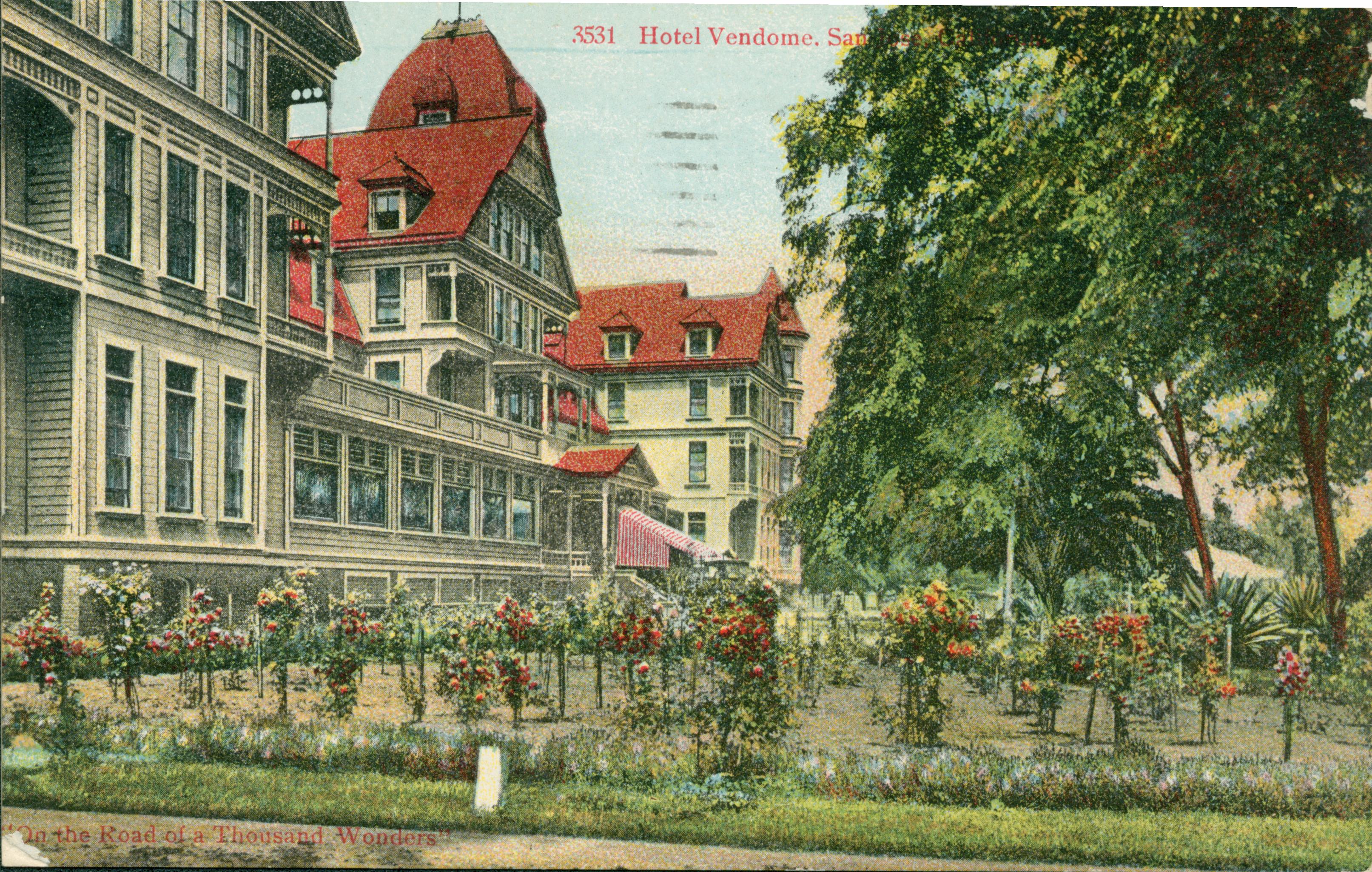 Colorful scene of the Hotel Vendome, road in front of hotel with gardens and trees