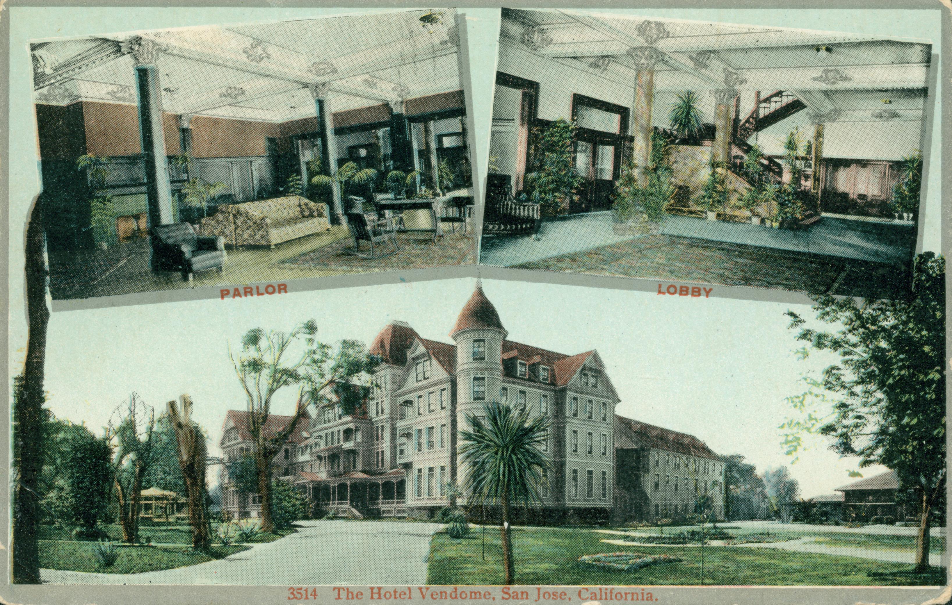 Colorful scene of the Hotel Vendome, road in front of hotel with gardens and trees, two additional interior scenes of lobby and parlor