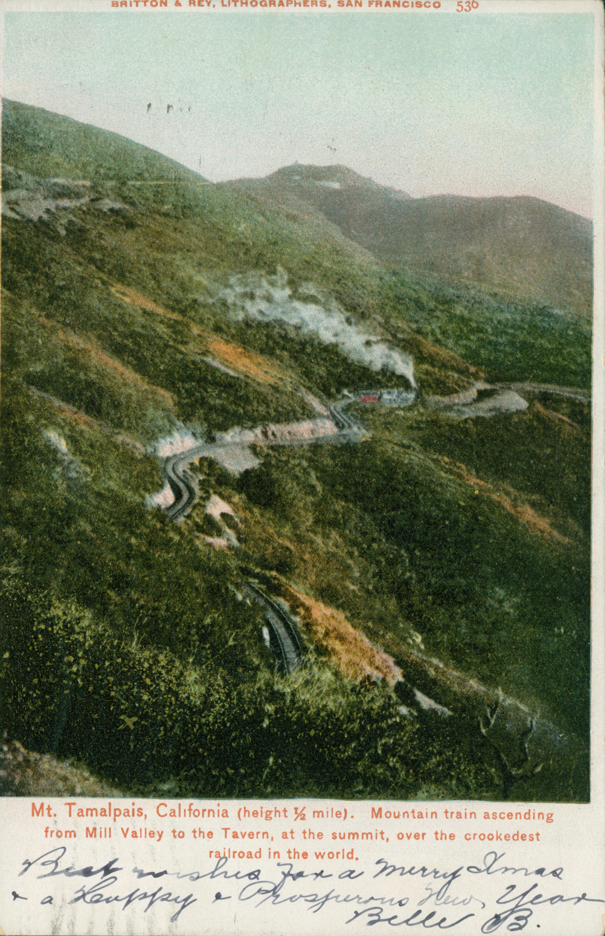 Steam engine traveling along mountainside, lots of steam from engine, rolling green mountainside