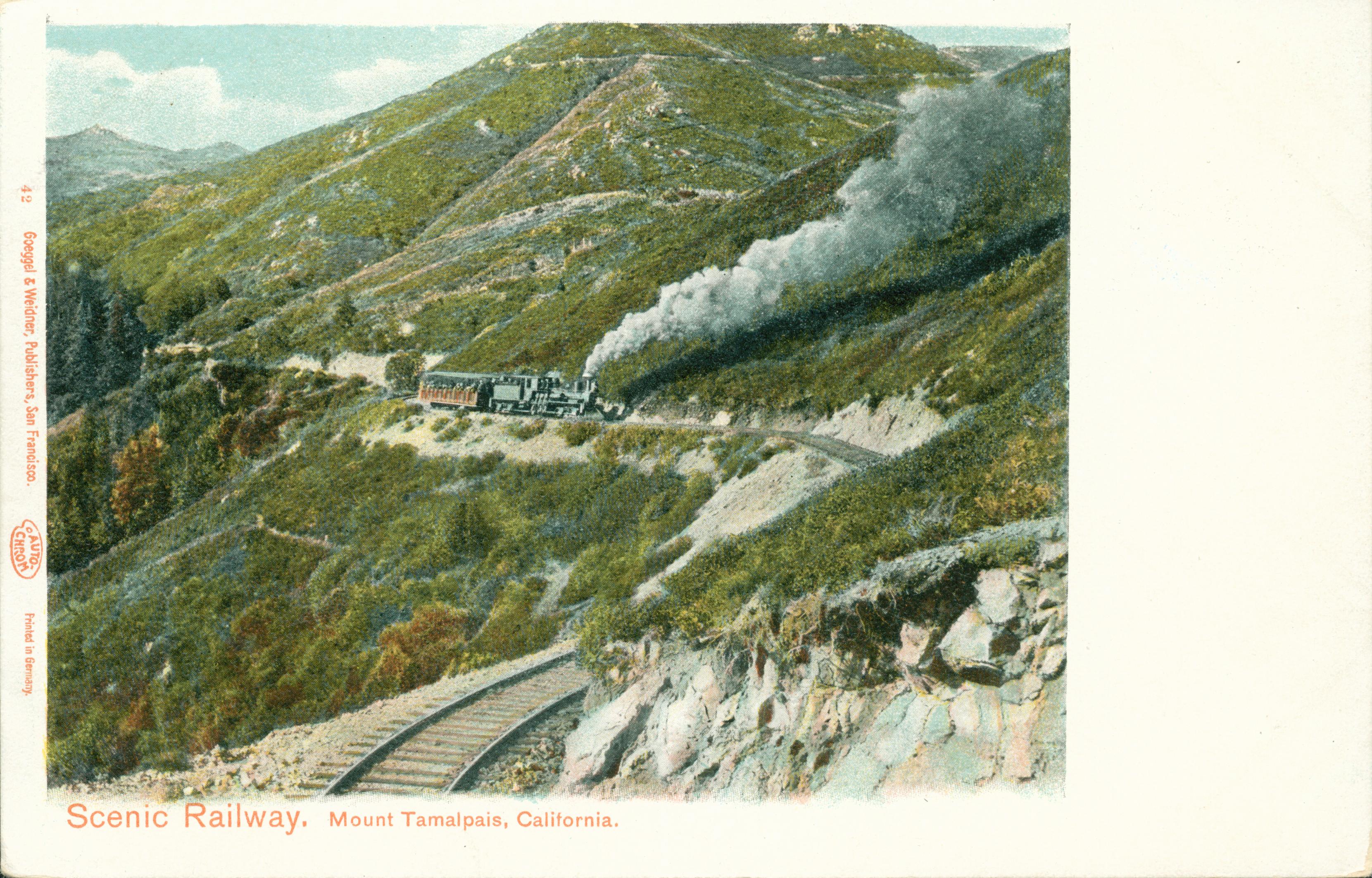 Train traveling along hillside, lots of steam, hillsides, mountain views, passenger car