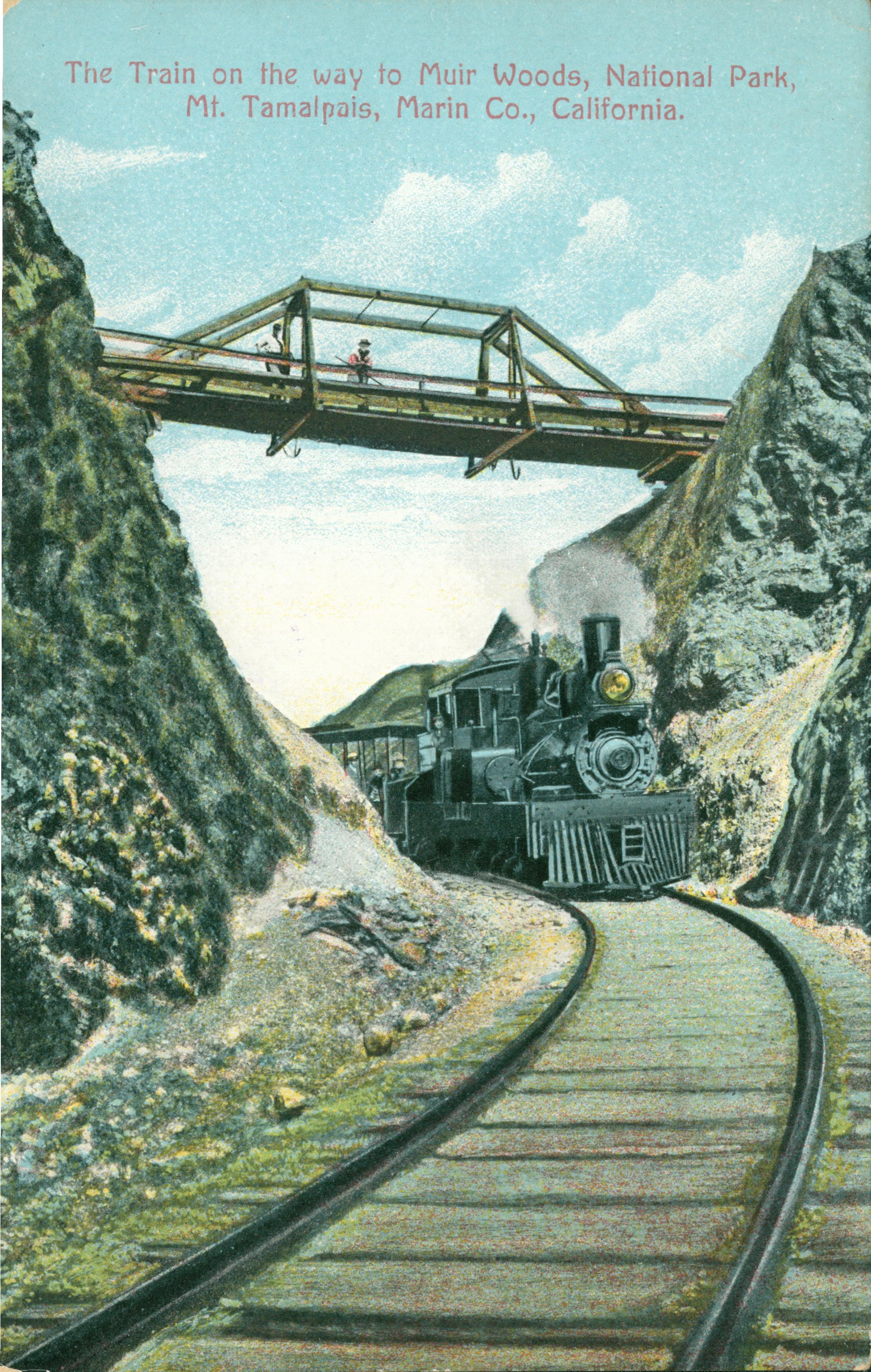 Steam engine traveling on track through cut with bridge overhead.