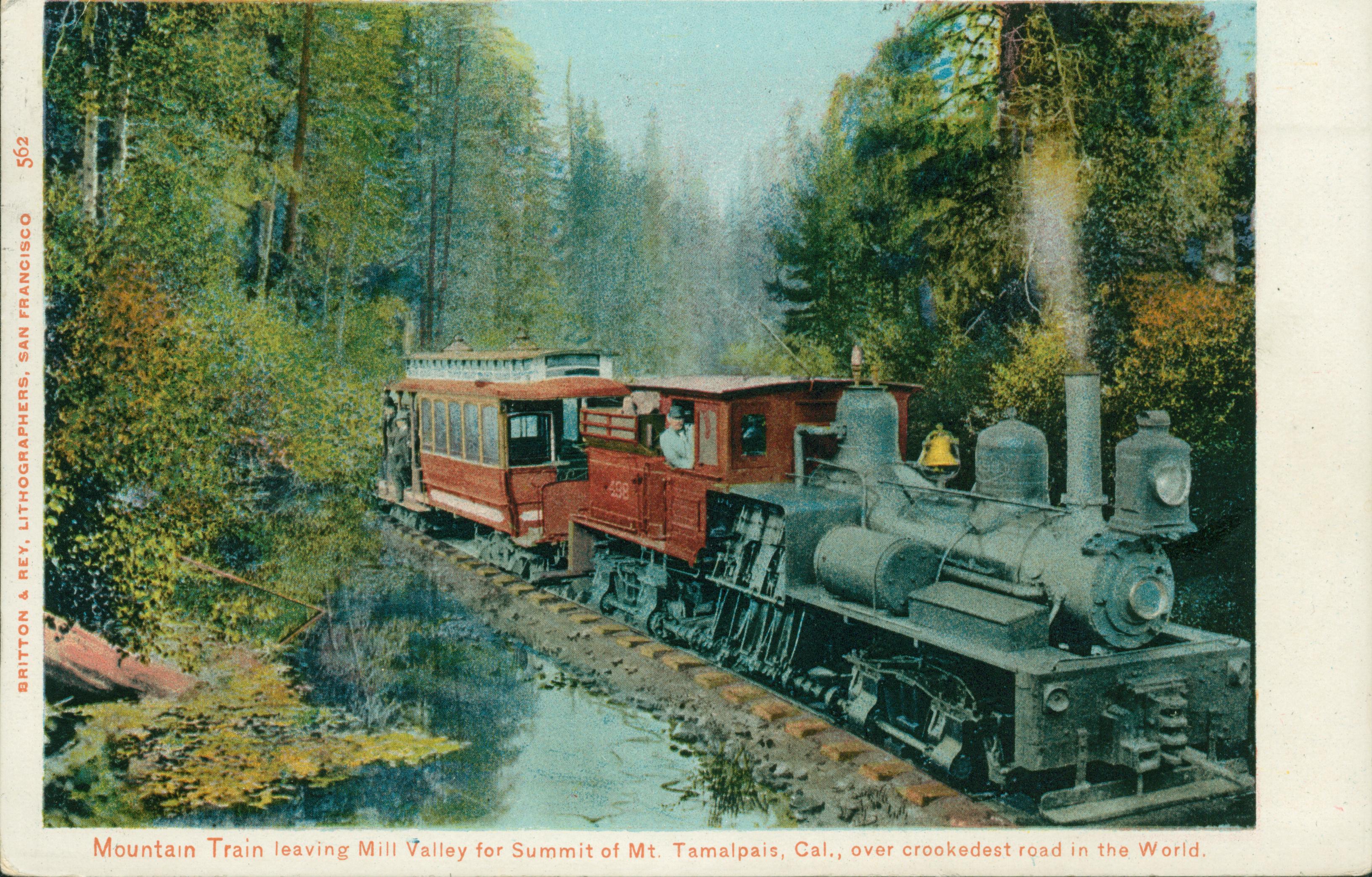 Steam engine pulling passenger car through grove of trees to the summit of Mt. Tamalpais