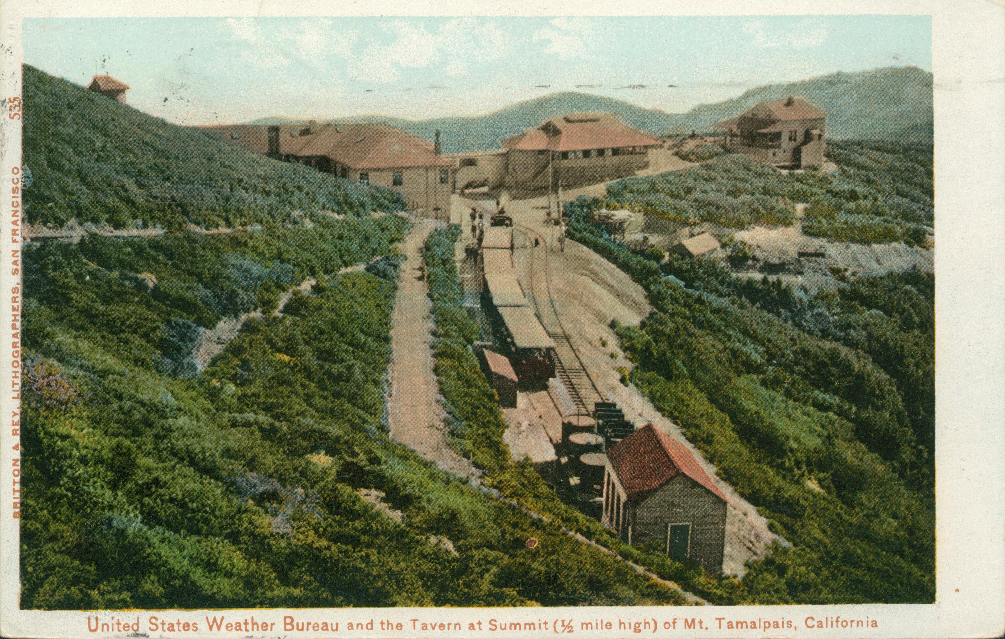 Mountain side with buildings of the United State Weather Bureau and the Tavern at the Summit of Mt. Tamalpais