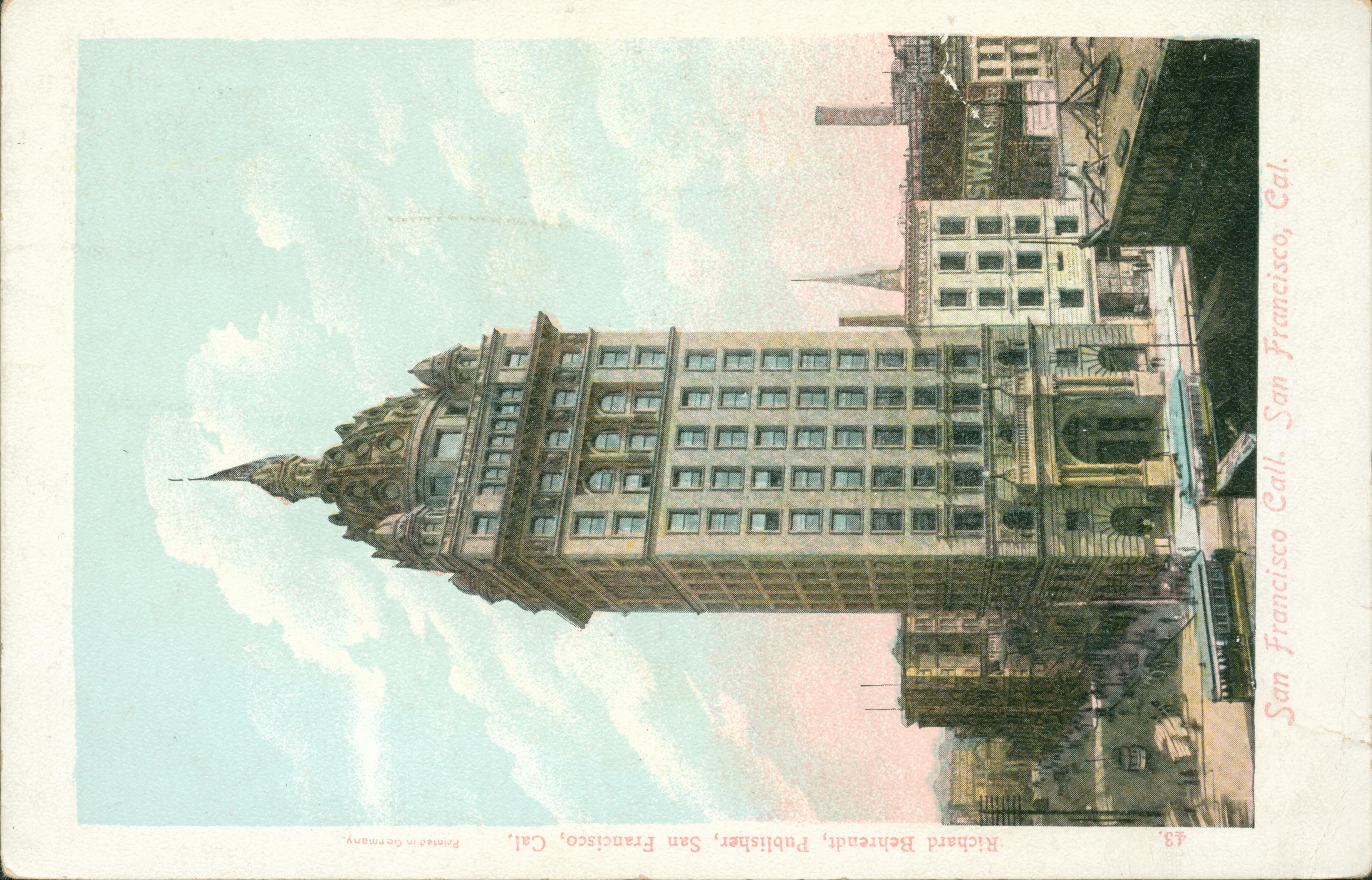 View of San Francisco Call Building, city buildings, trolley cars,