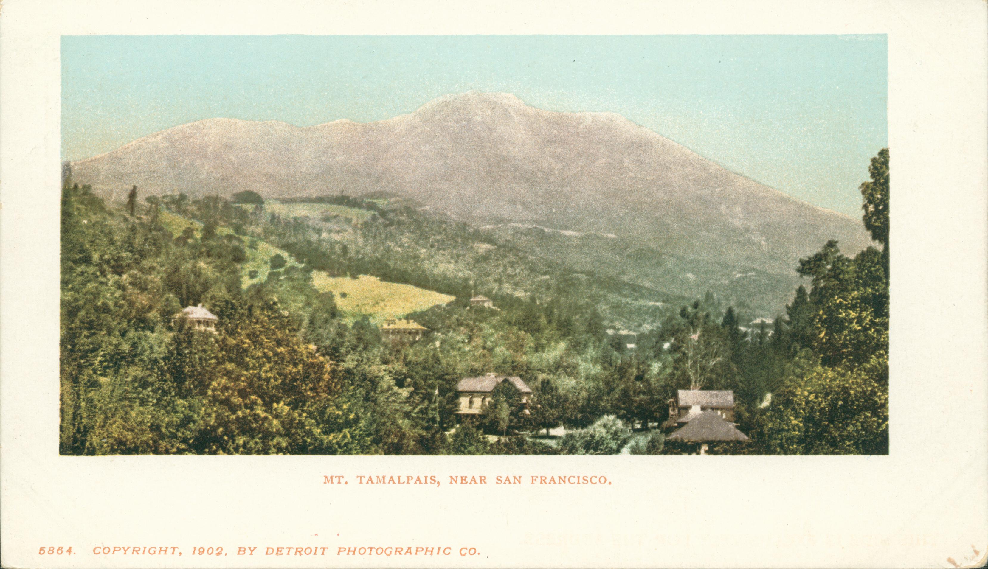 View of Mt. Tamalpais, trees, hills and buildings in foreground