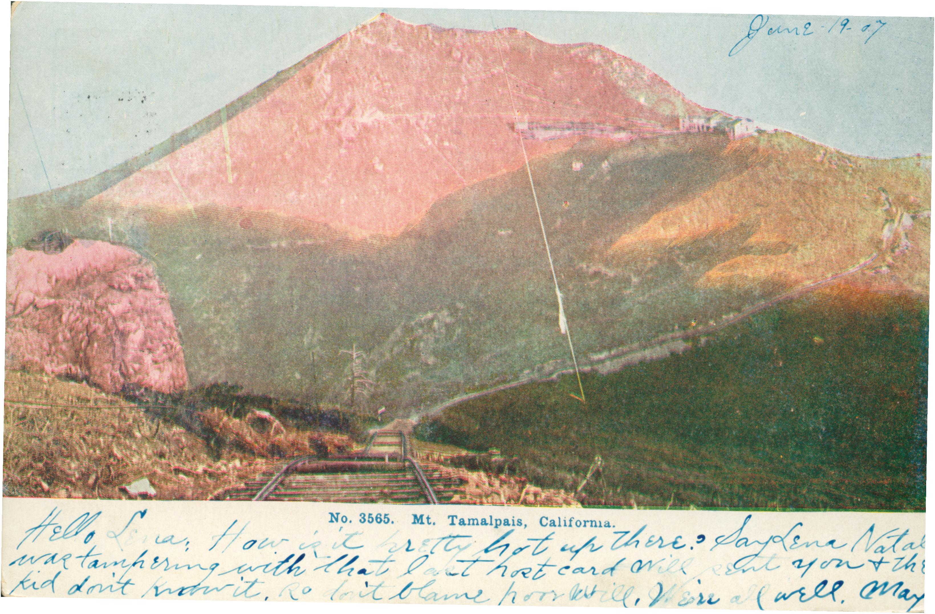 Railroad tracks leading up the mountainside of Mt, Tamalpais, building near top of mountain