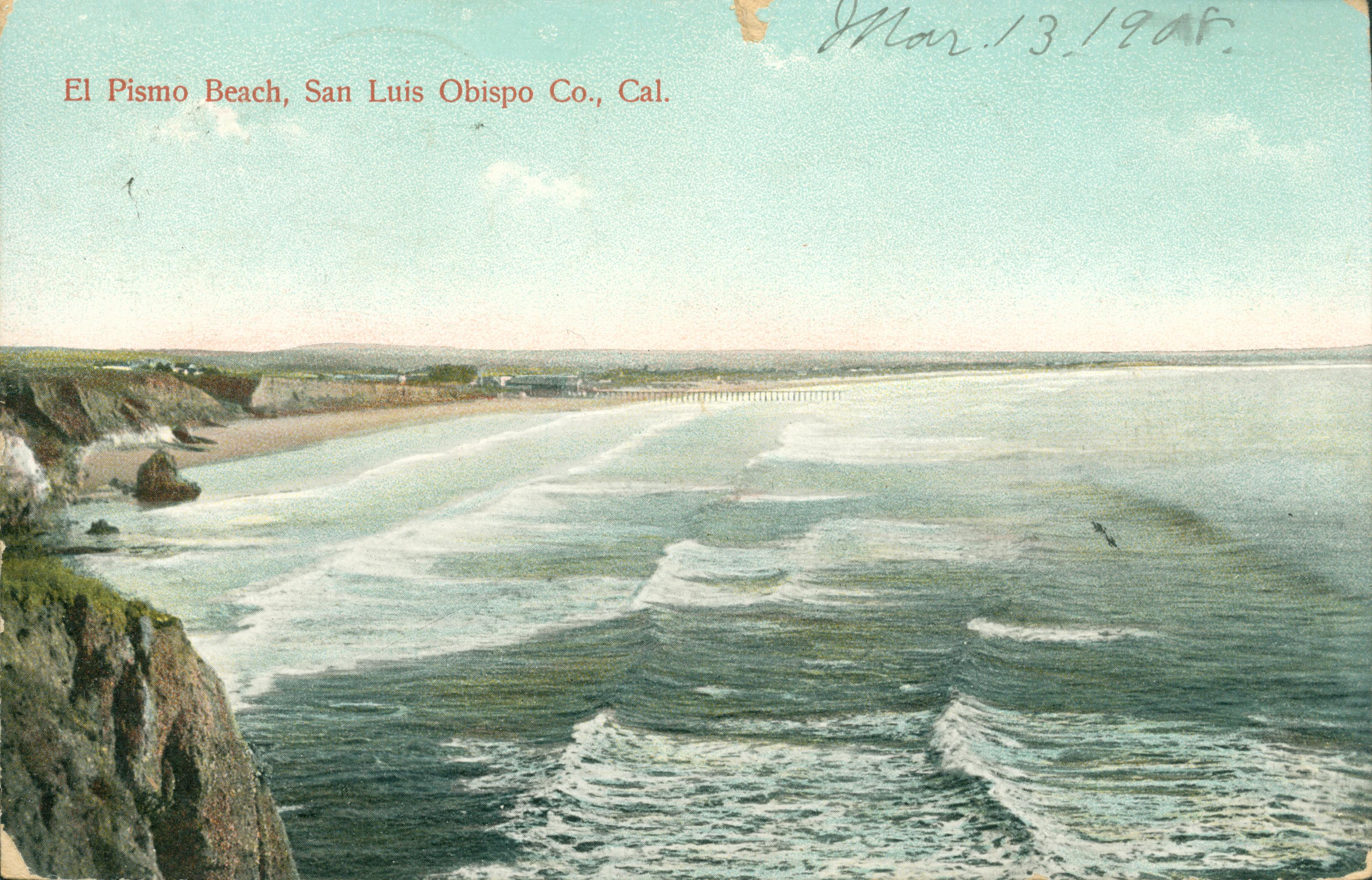 Overhead view of the California Coastline at Pismo Beach, pier in background