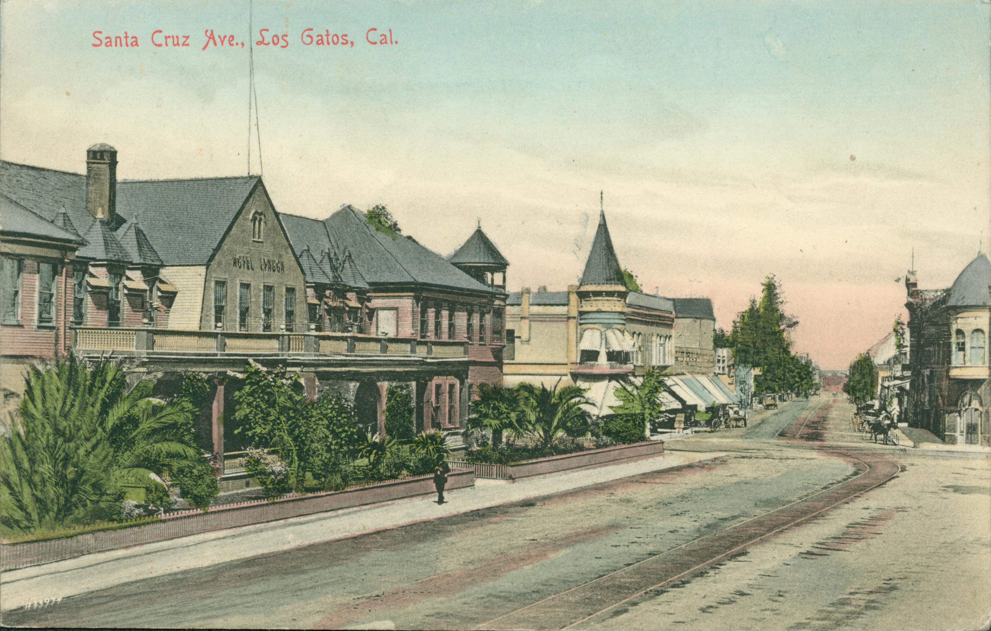Large, grand homes bordering a wide road with a trolley track laid down in the center of the road. Trees and shrubs in the front yard of the homes, more buildings in the background