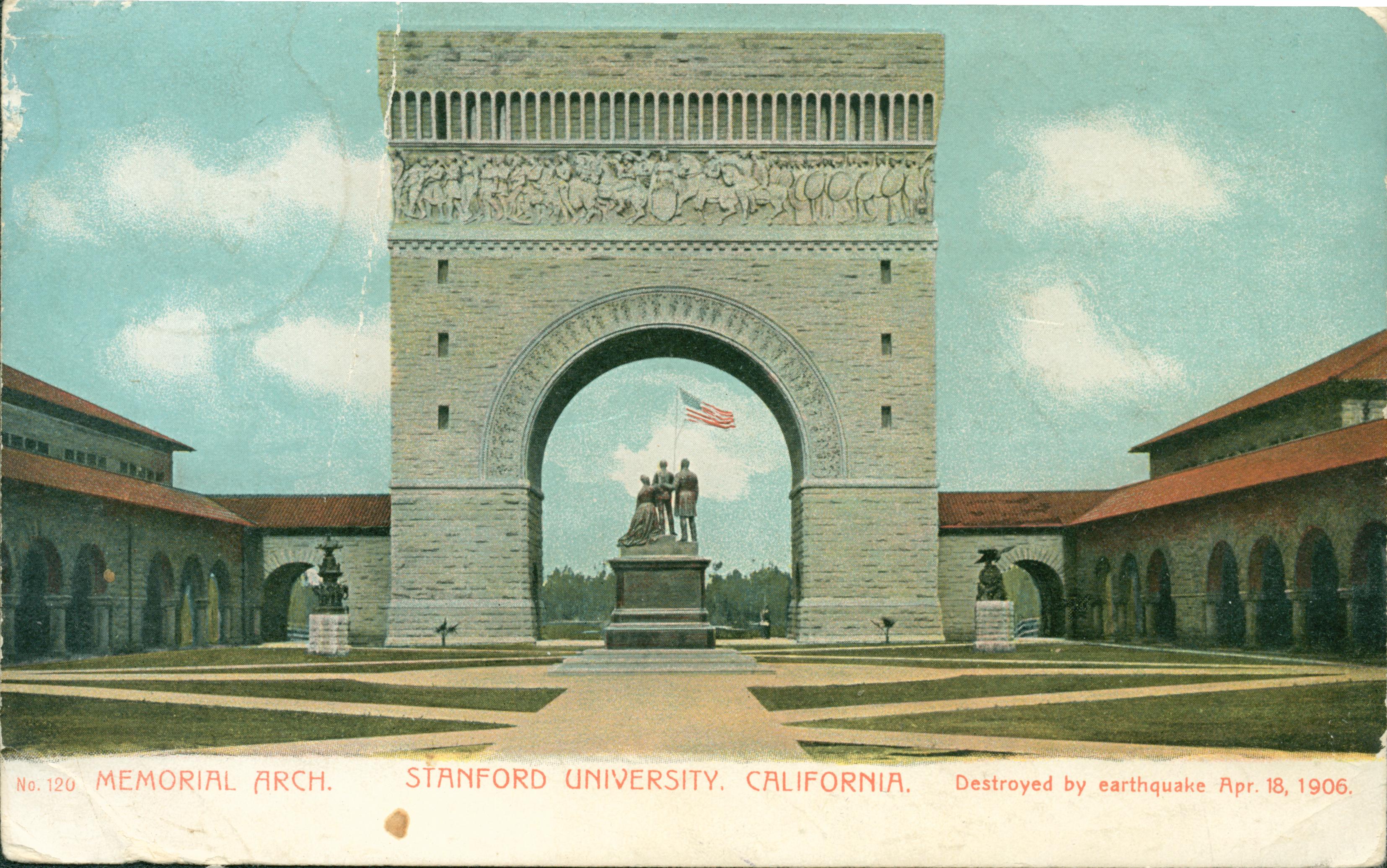View of Memorial Arch in the Stanford University Quad, statue of Leland Stanford Jr., Jane Stanford & Leland Stanford, Sr. in center of quad