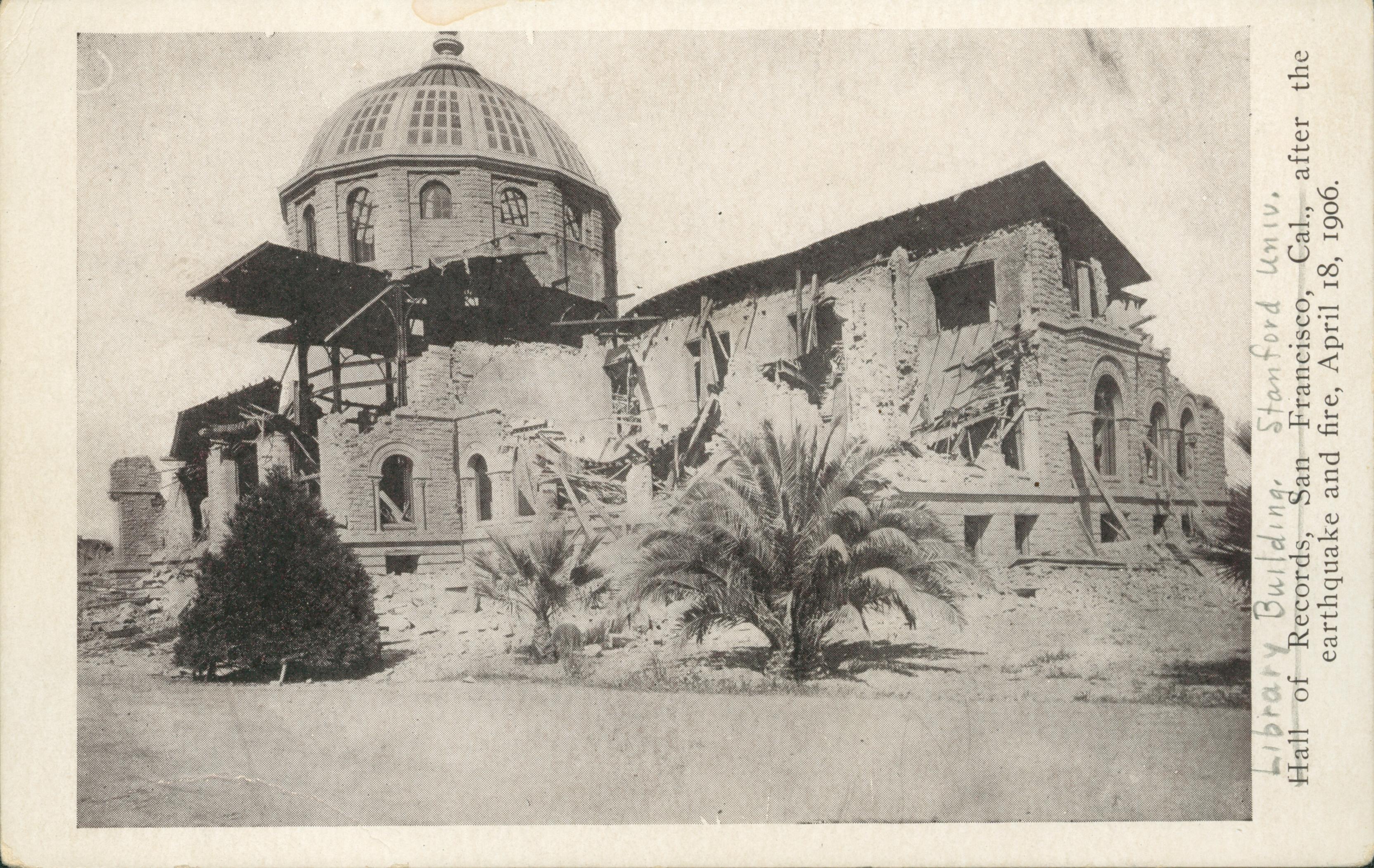 View of the destroyed exterior of the library after the destructive earthquake of 1906.