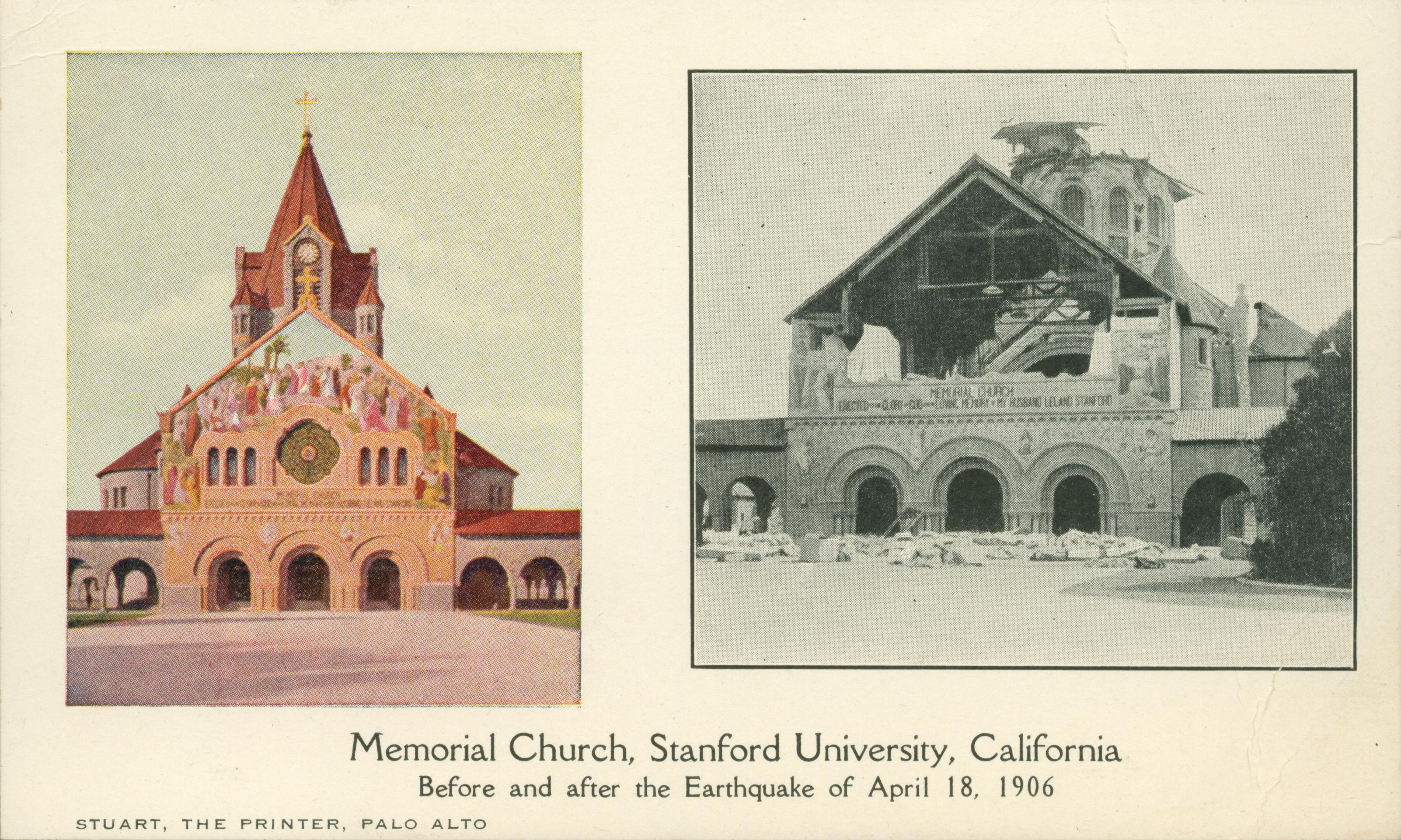 Comparison views of the Memorial Church before and after the earthquake
