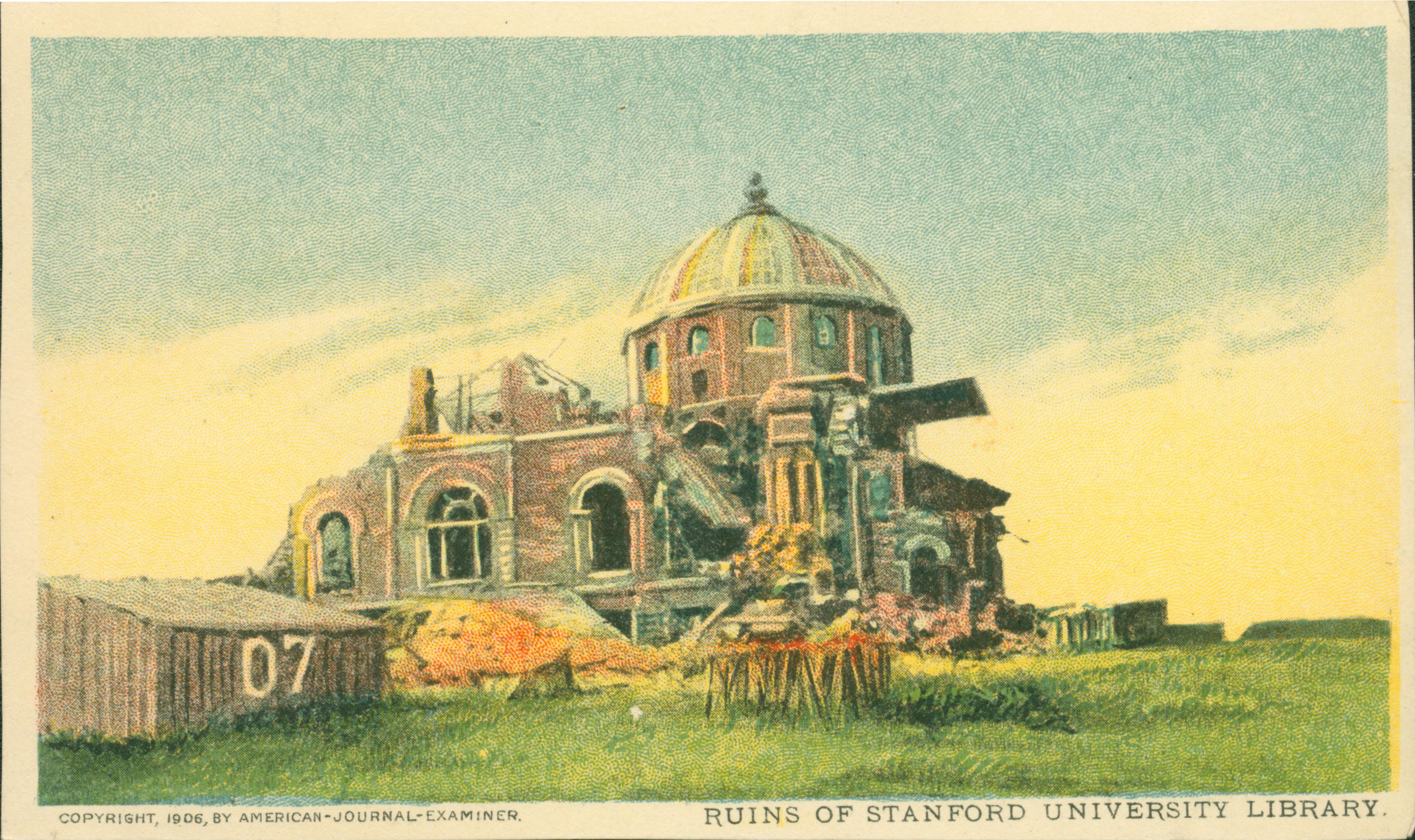 View of the destroyed exterior of the library after the destructive earthquake of 1906, destroyed building surrounded by open field