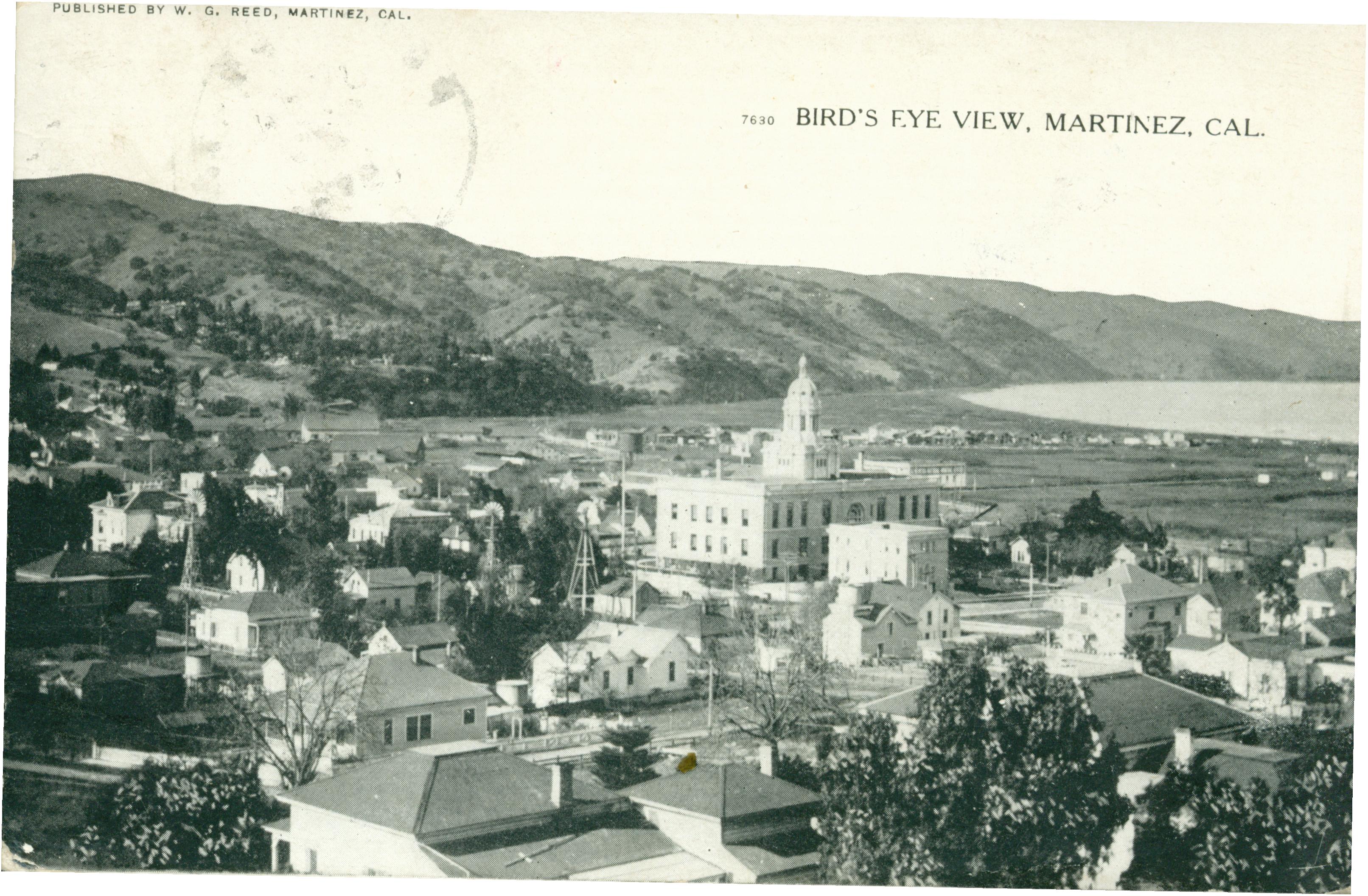 Bird's eye view of Martinez  with the Strait  in the background