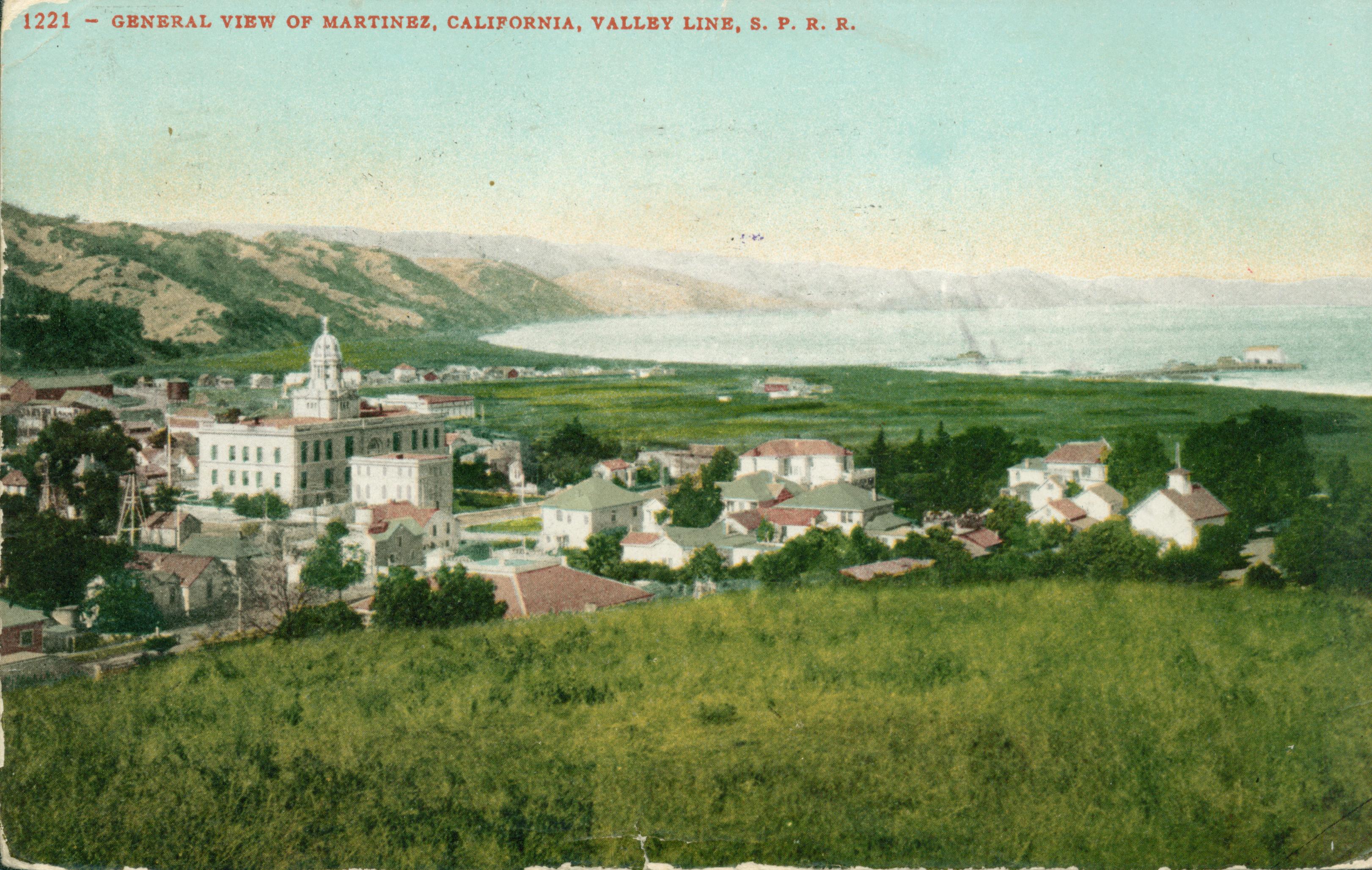 Bird's eye view of Martinez  with the Strait and several ships in the background