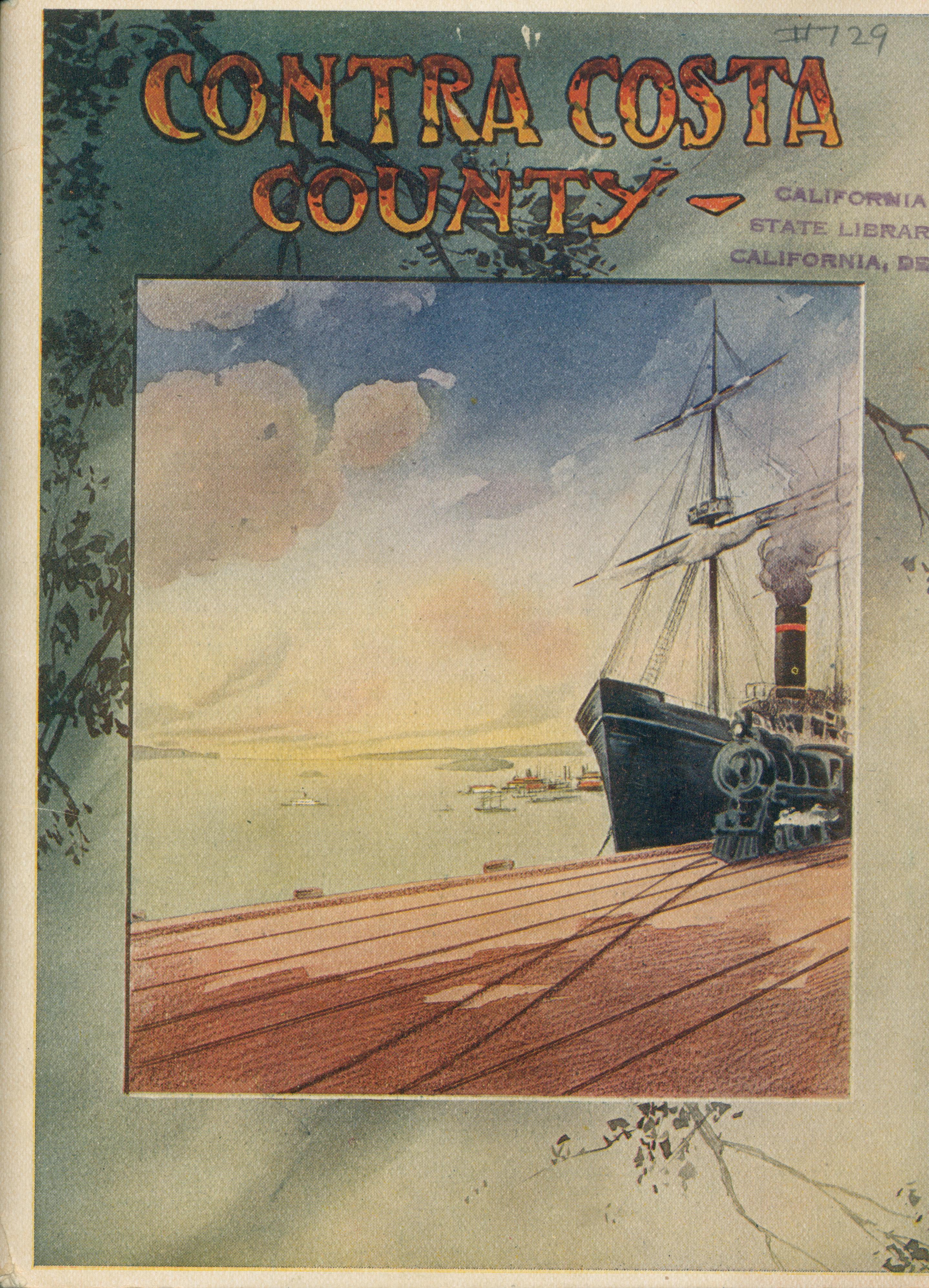 Front shows a dock with a train pulling alongside a clipper ship