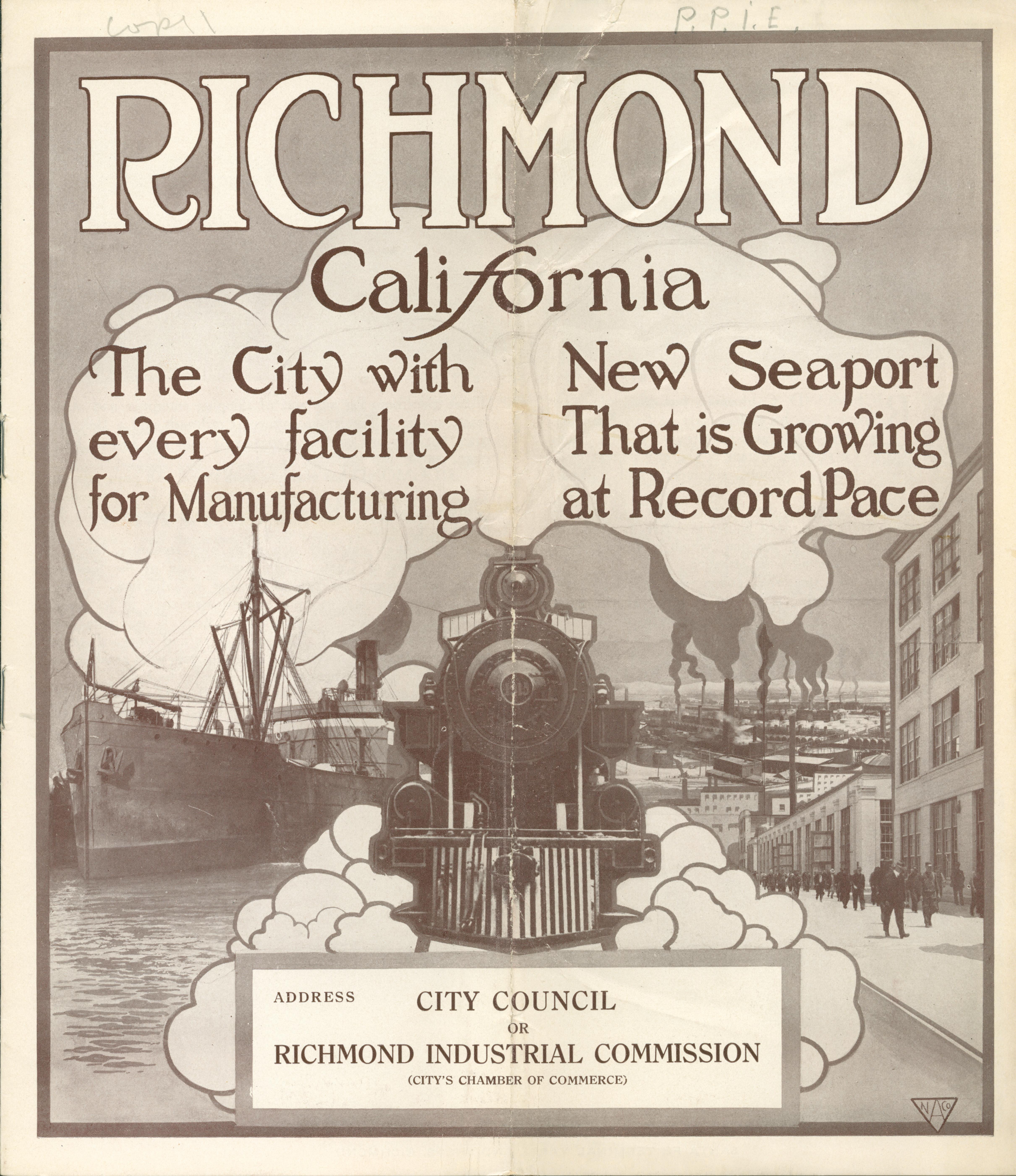 Front shows a railroad engine in the center with a building on the right and a ship on the left