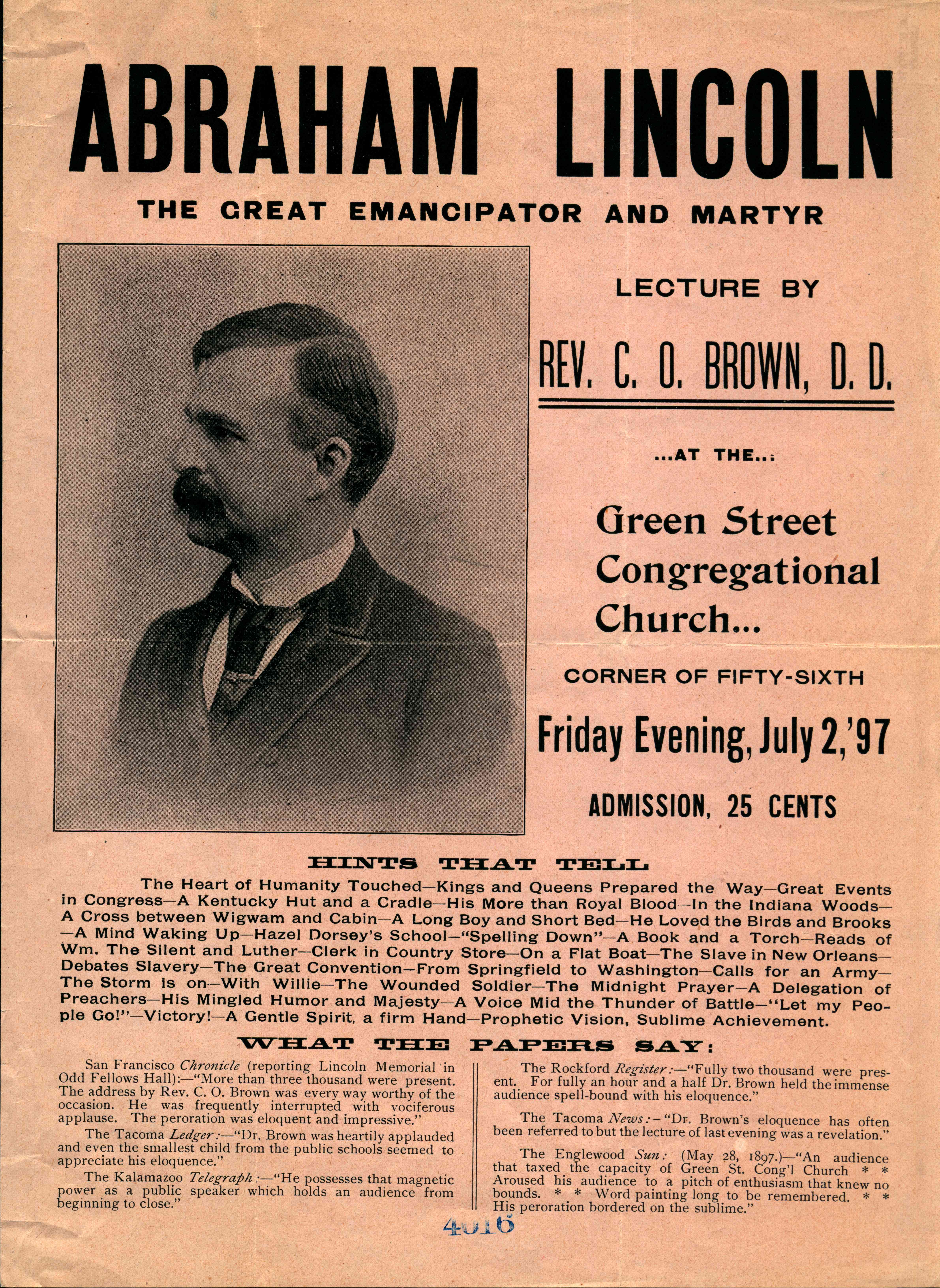Portrait of Rev. C.O. Brown to the right, with speech information on the left and testimonials below