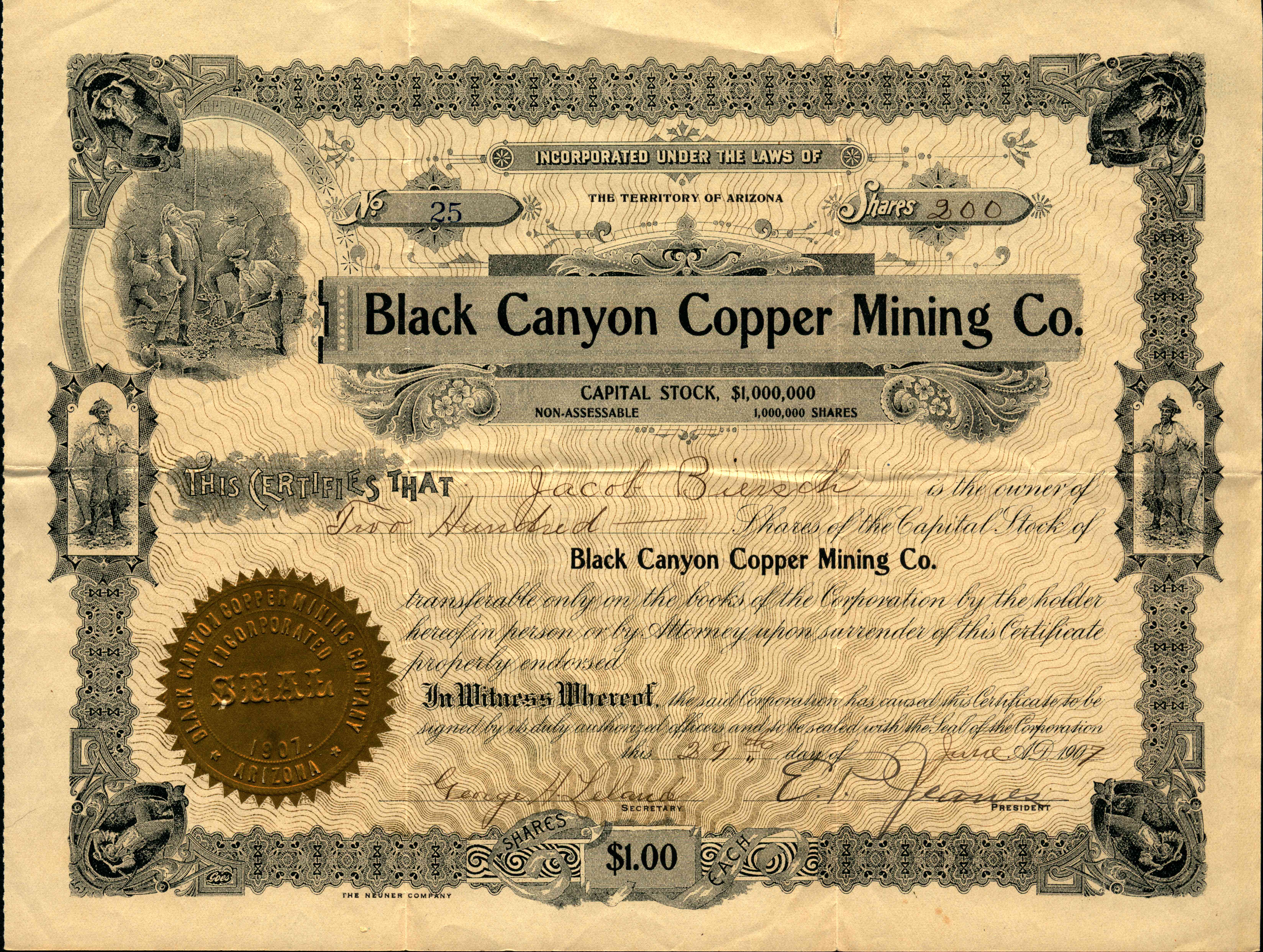 This certificate shows the stock and company information framed by vignettes of miners at work