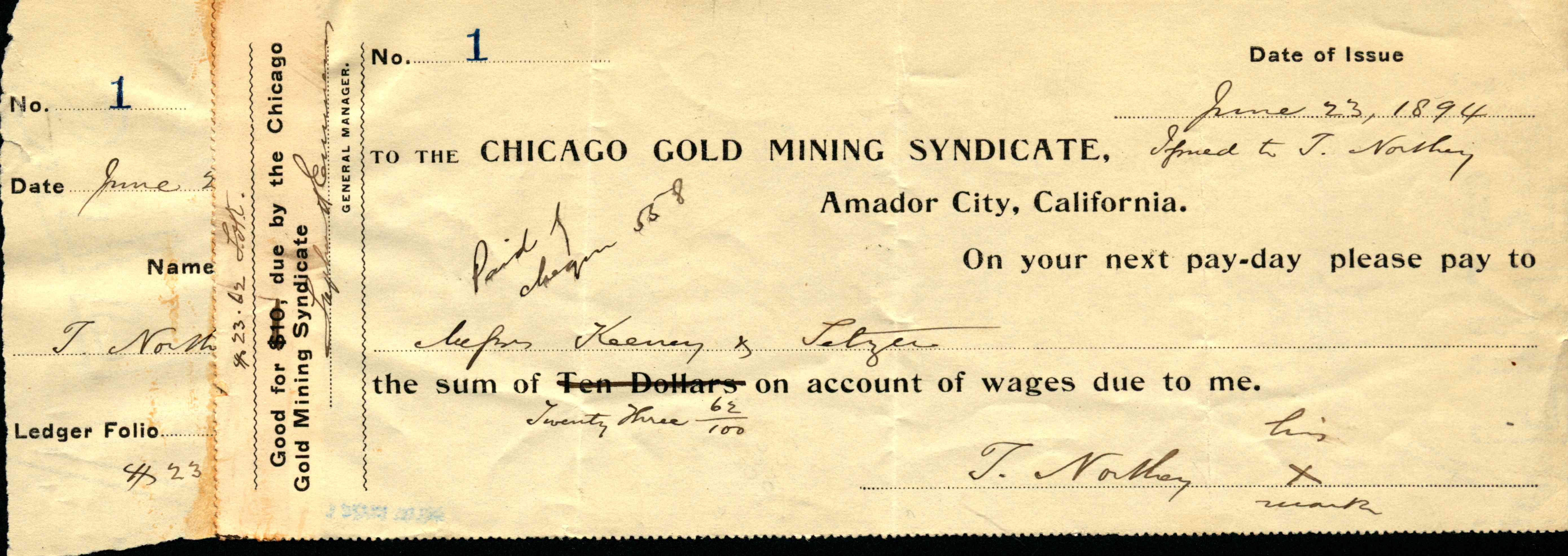 Shows a certificate of the Chicago Gold Mining Company with payment information below