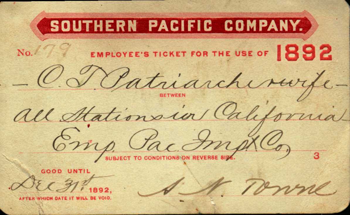 Front emblazoned with the phrase Southern Pacific Company above ticket holder information