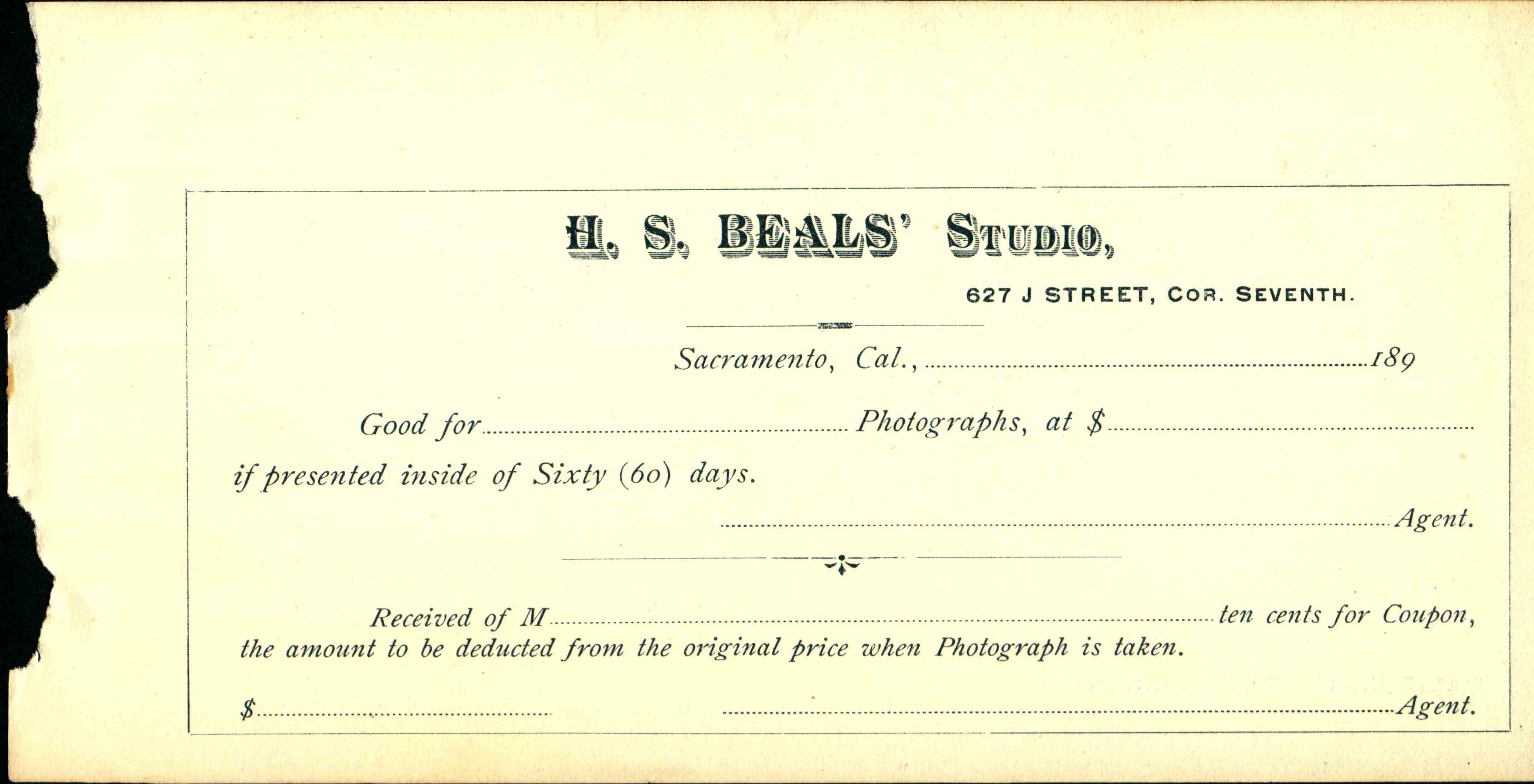 Blank receipt with bold lettering of H.S. Beals Studio
