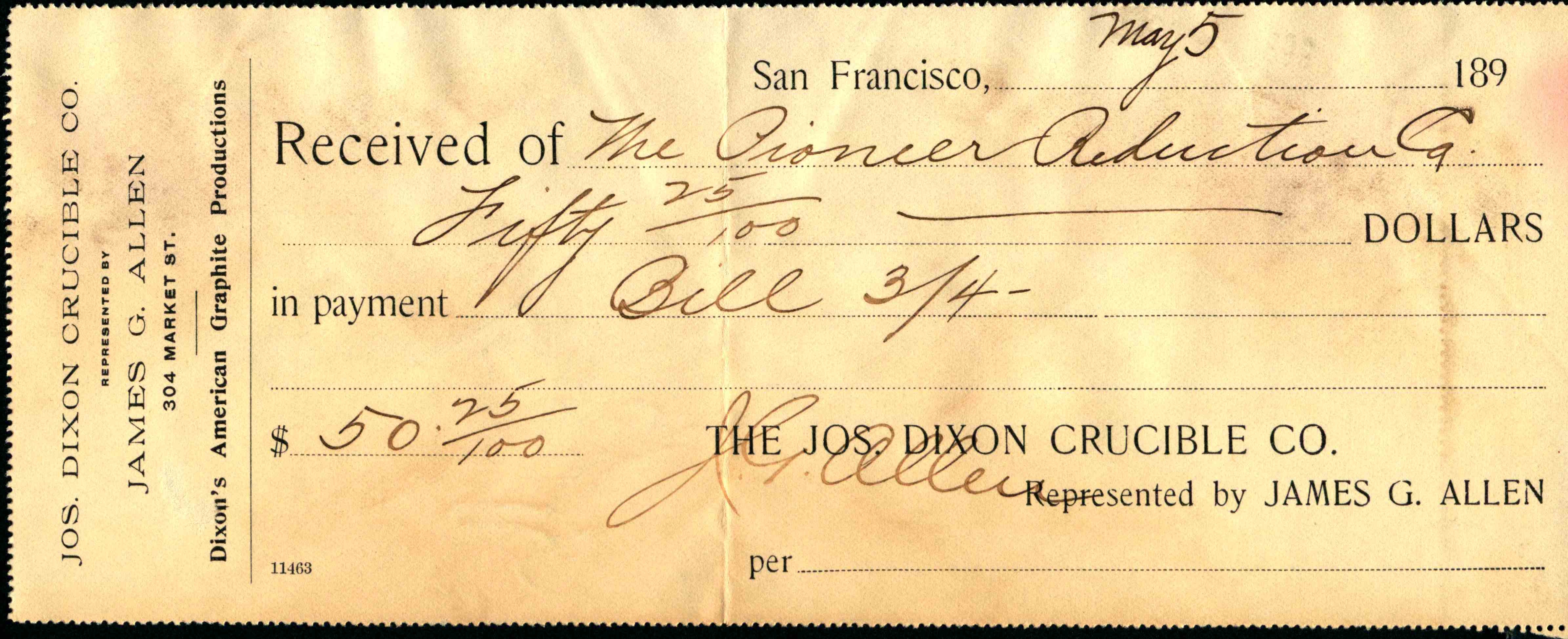 Paid to Pioneer Reduction and on the left hand side Jos. Dixon Crucible Co.