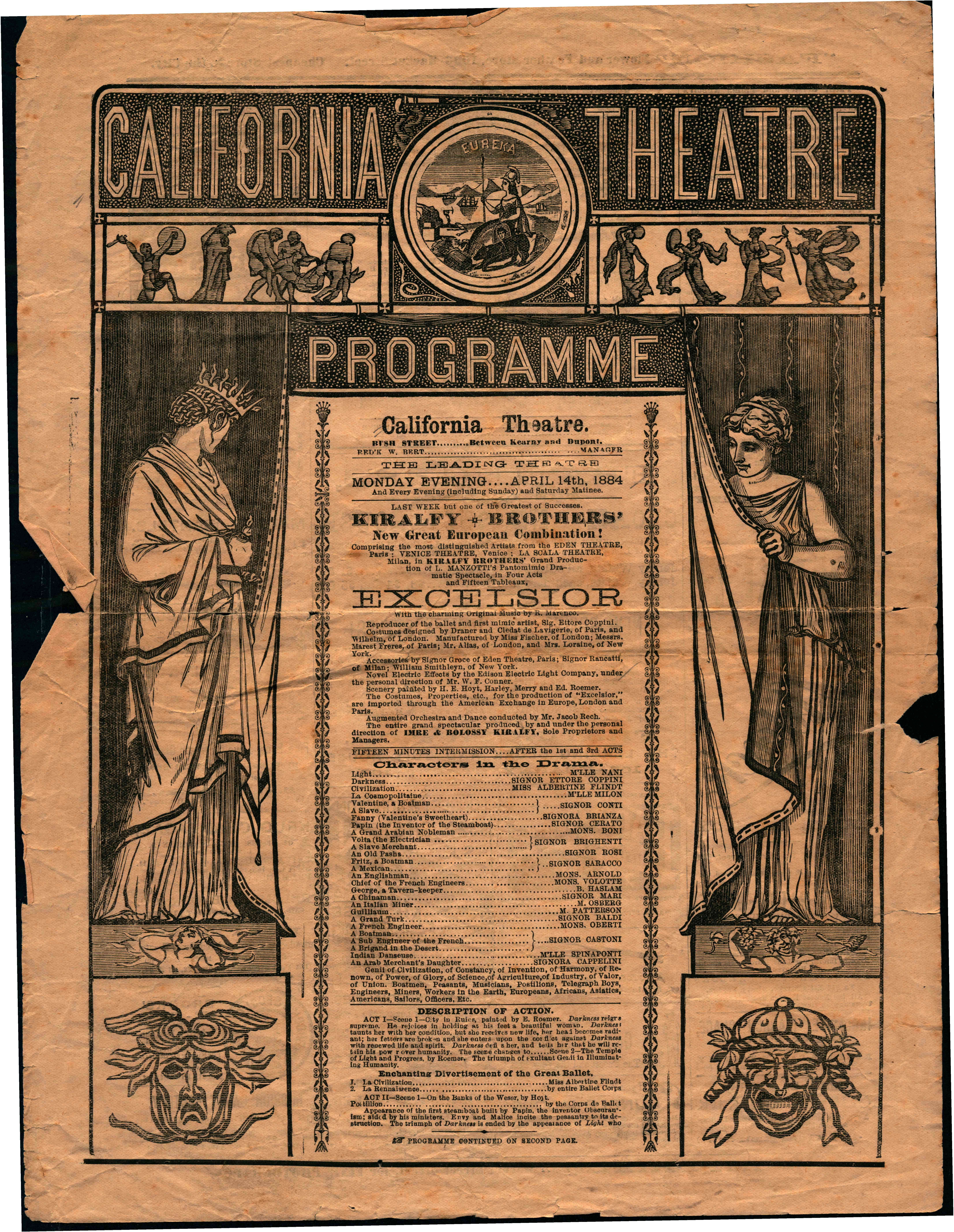 Front cover shows two muses pulling back a theatrical curtain to reveal the theatre information plus information about the upcoming performance
