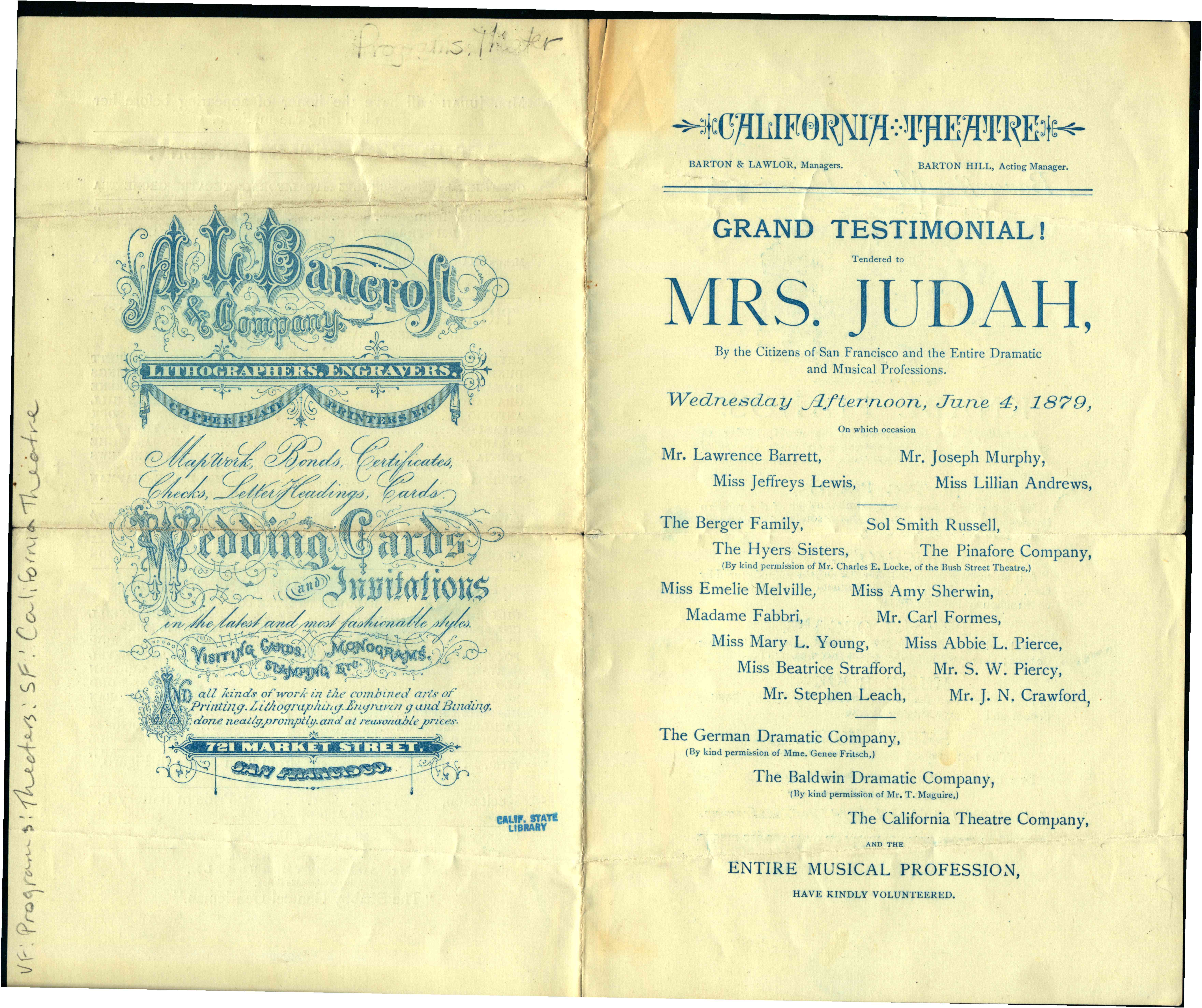 Front cover shows theatre information plus information about the upcoming performance, back page shows an ad for a lithography company