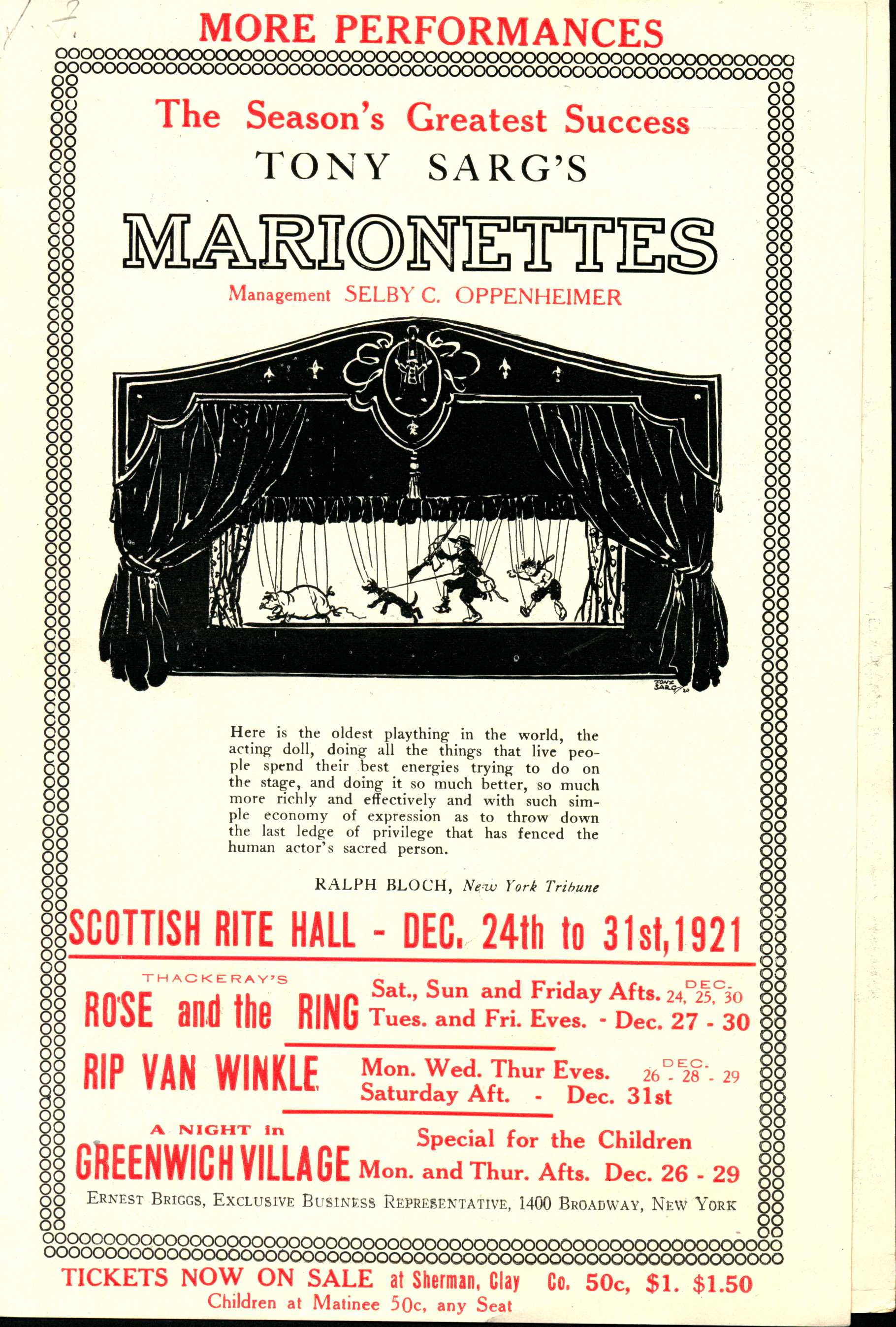 Shows play information and a scene of a marionette stage