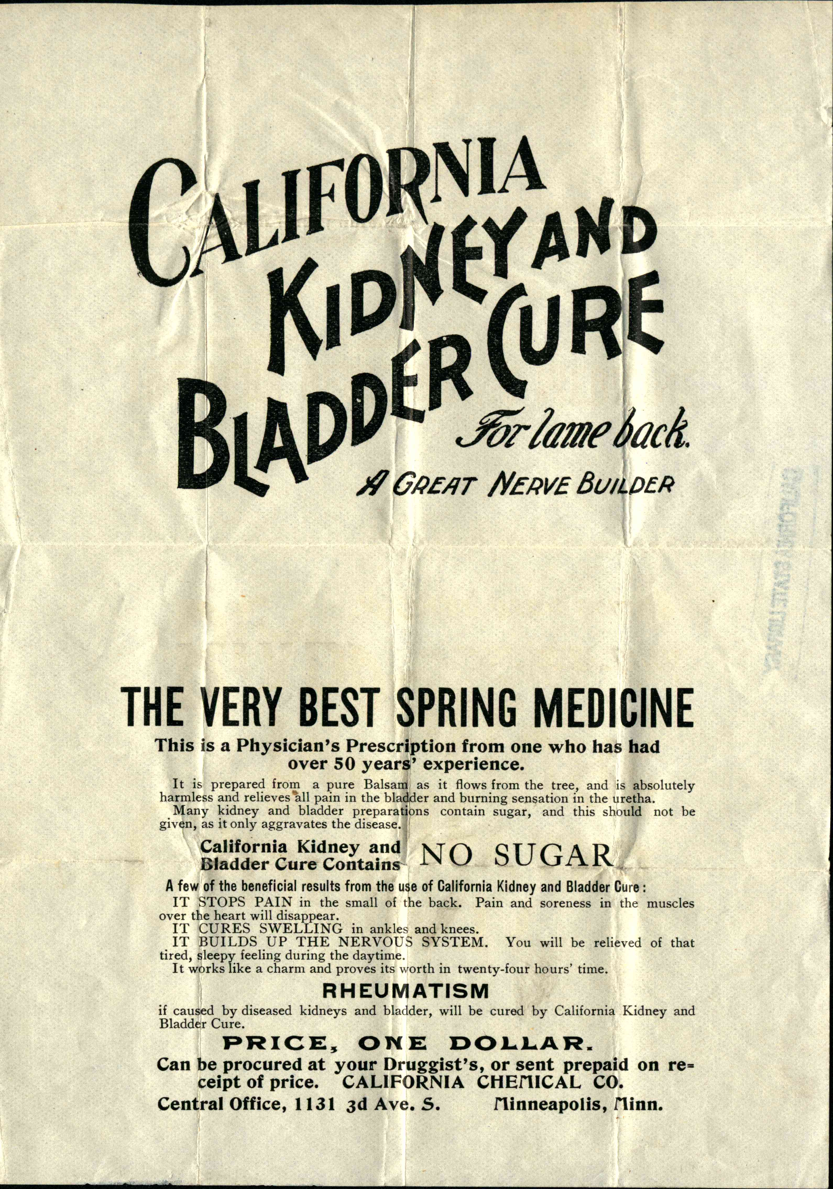 Original text includes: 'For lame back. A great nerve builder/ the very best spring medicine. No sugar.