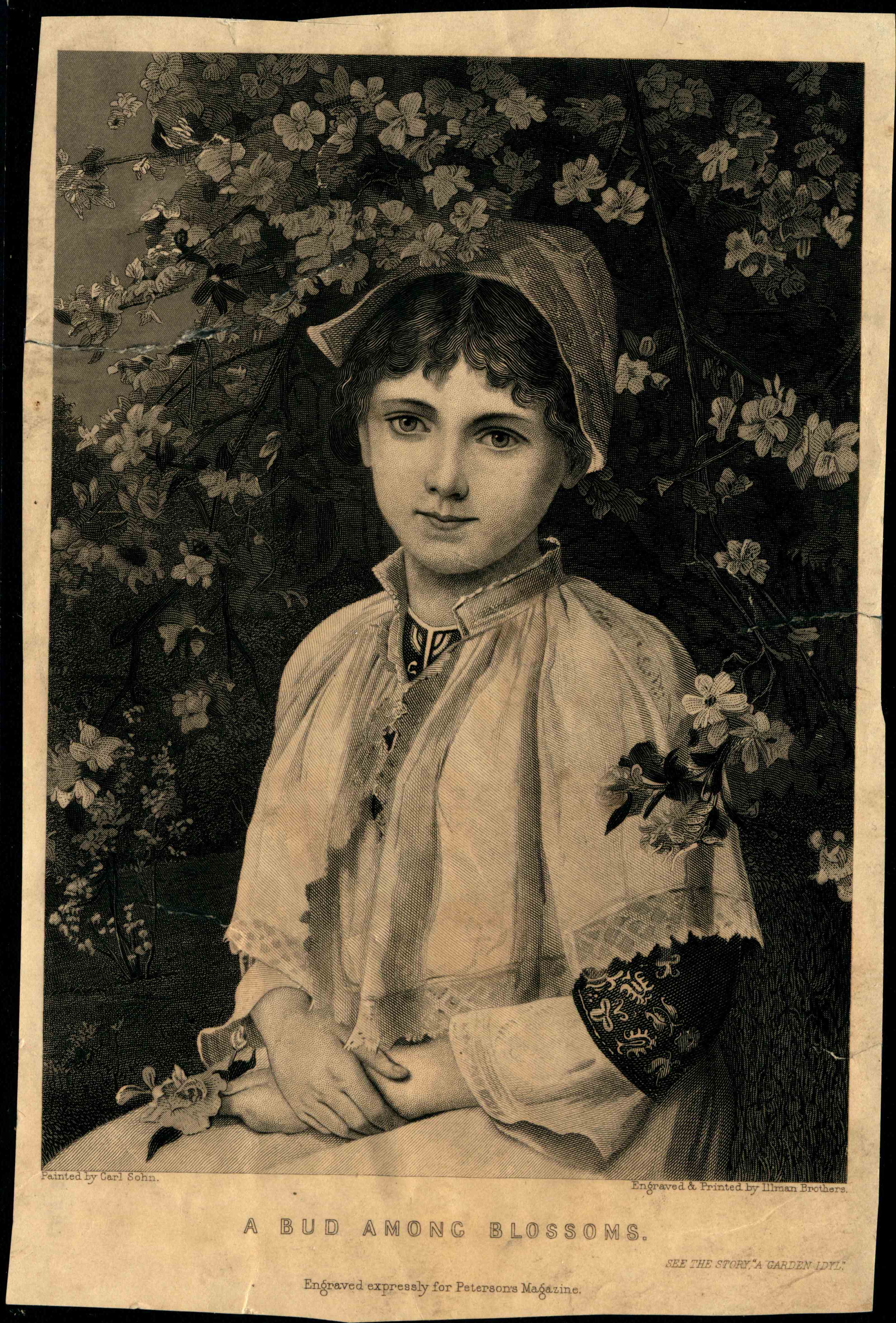 Print of Illman Brothers engraving showing a young girl sitting under a branch of blossoms wearing clothes with fancy needlework and crochet trim. Petersons Magazine was an early 19th Century women's magazine.