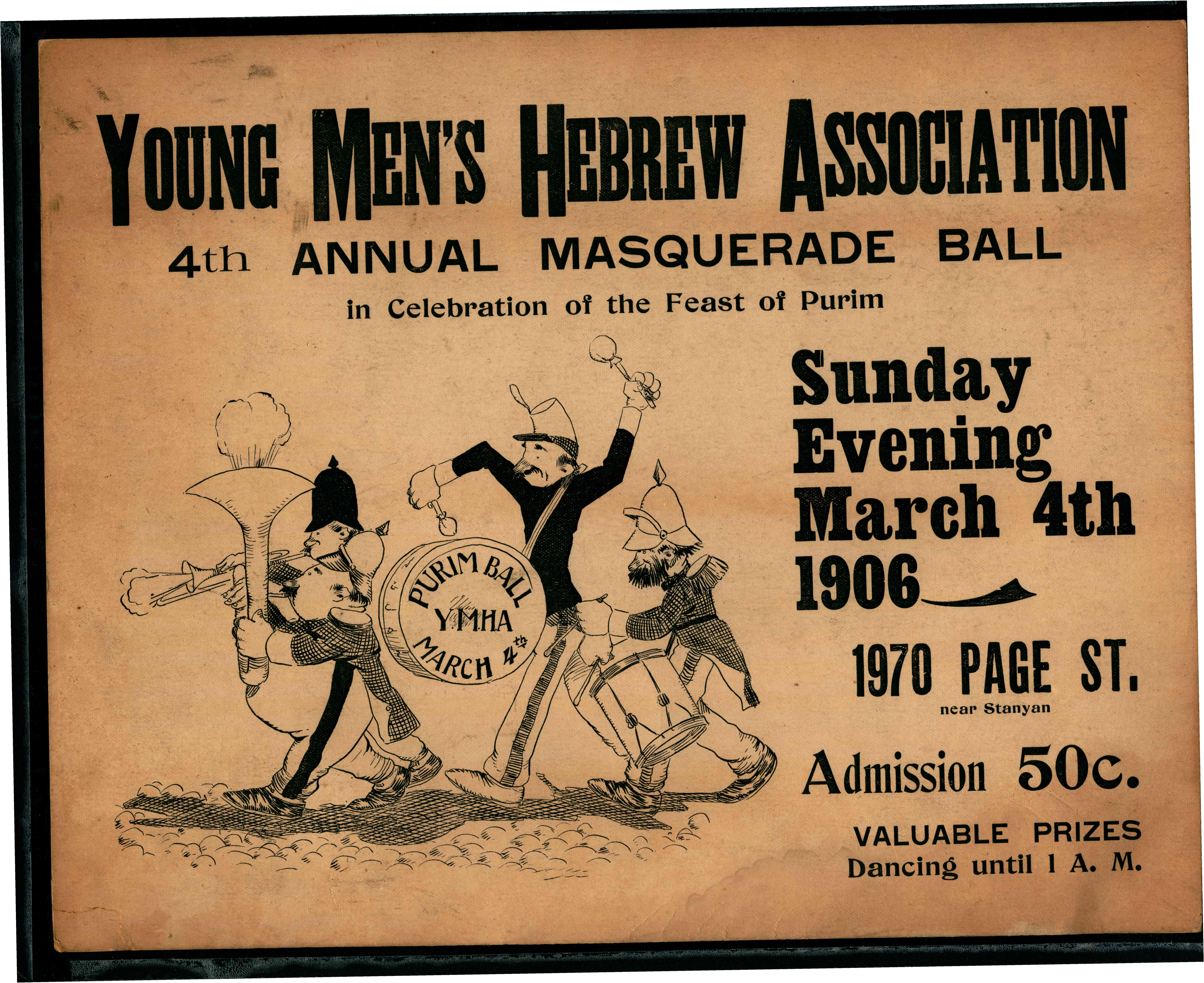 Advertisement announcing YMHA 4th annual masquerade ball in celebration of the Feast of Purim. Shows cartoon band characters with Purim Ball announcement on drum. on verso, sketch of man sitting on beach dangling telephone book.