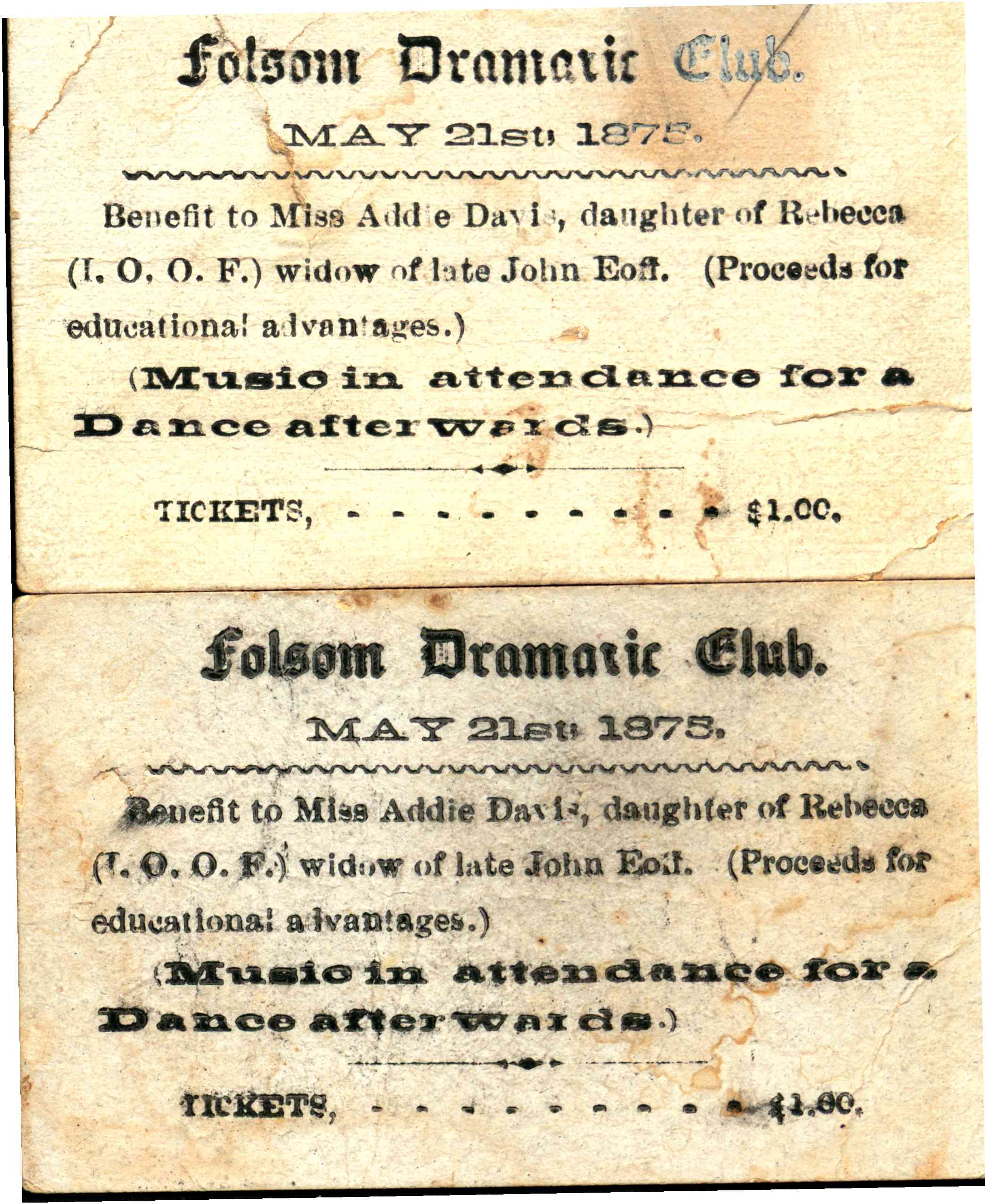 Two tickets showing showing the show date and information