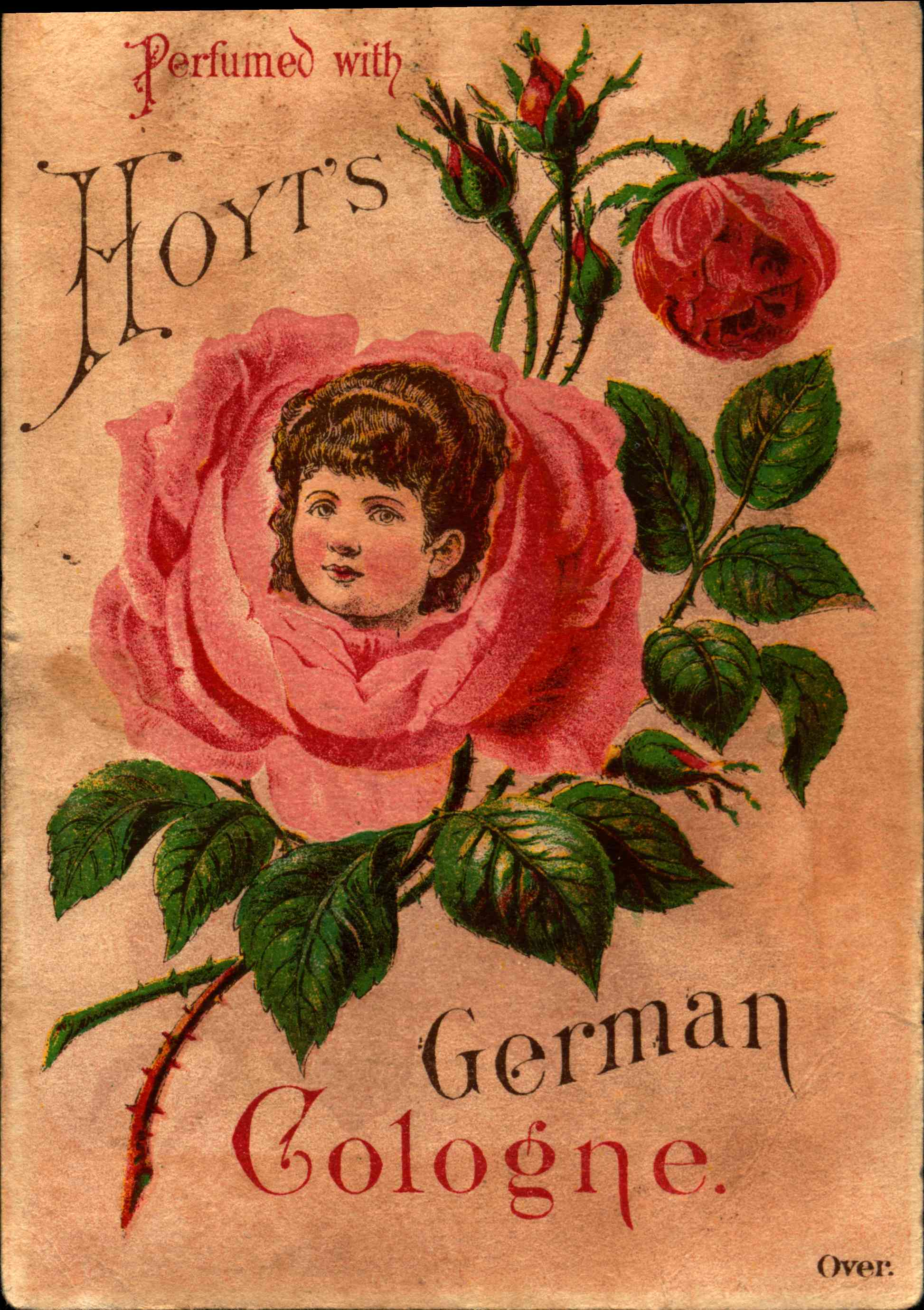Front shows a spray of roses and a child's face