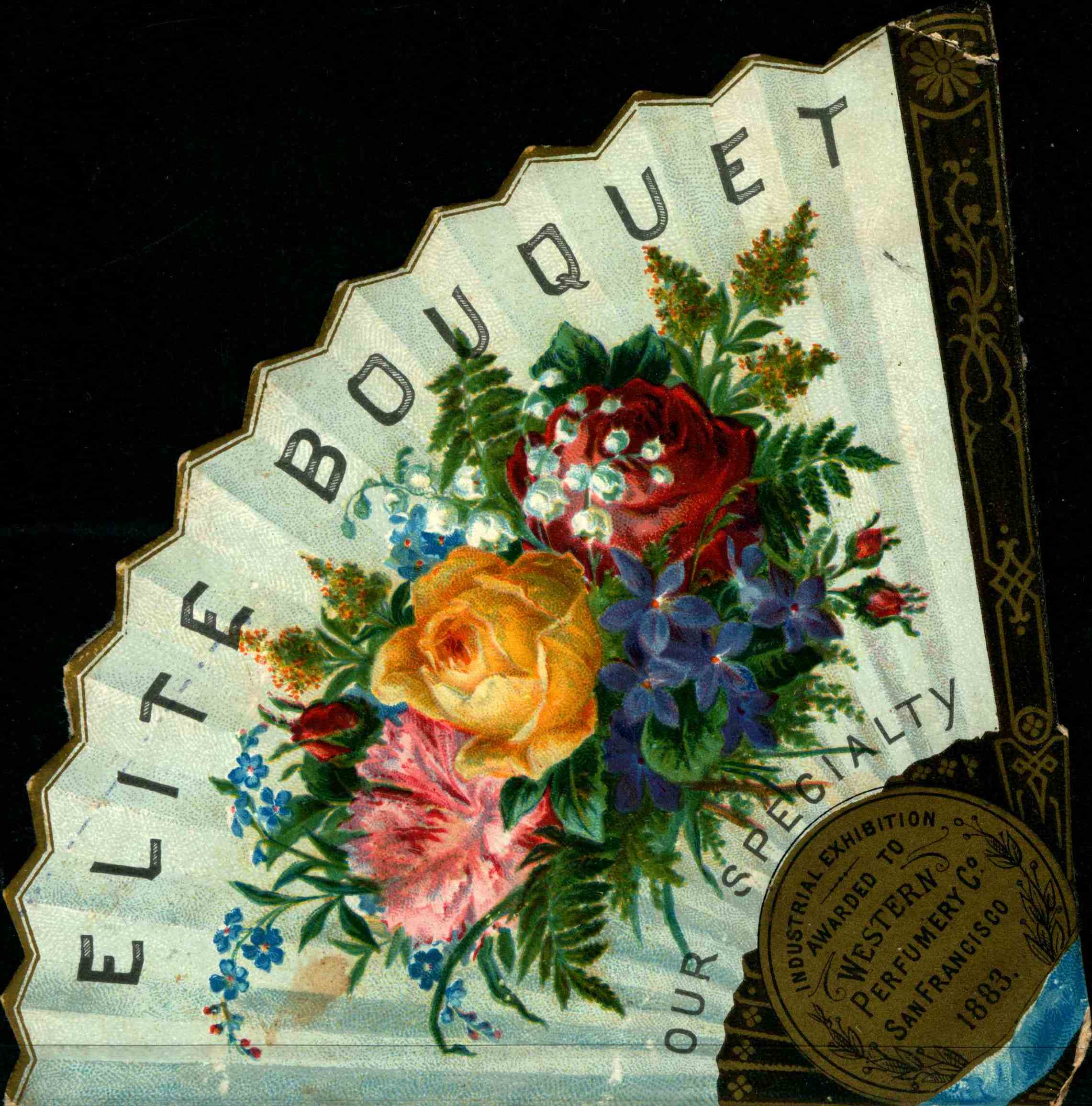 Trade card shaped like a fan with a bouquet of flowers on the front