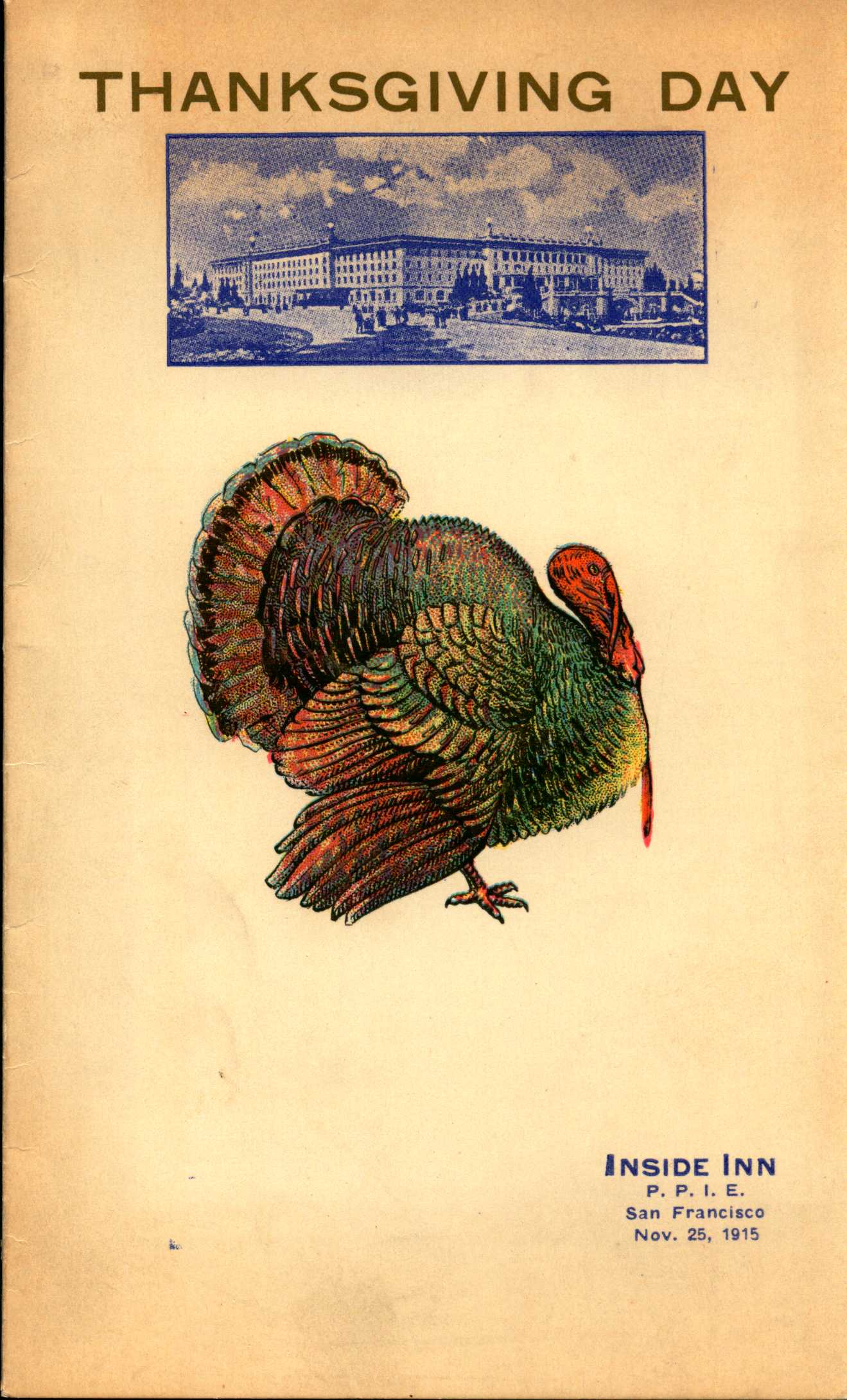 Menu covers shows a building and a turkey